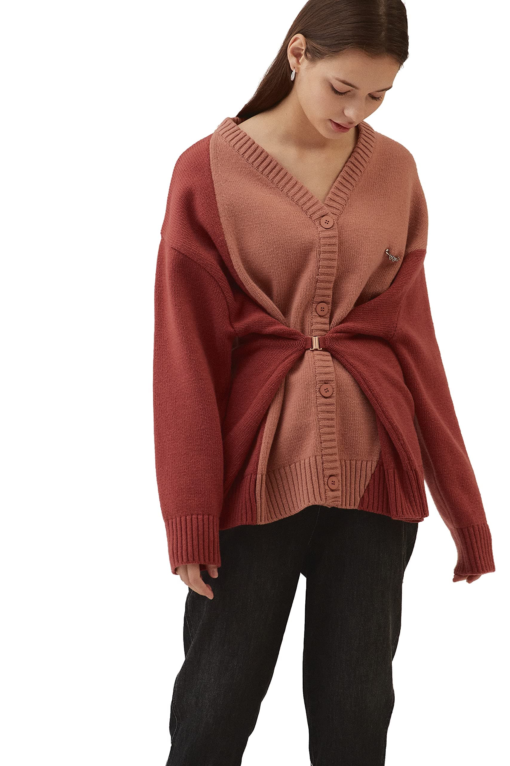 eyeye Women's Daily Ultra-Soft Color-Combination Deformable Waist Wool Knit Cardigan Sweaters