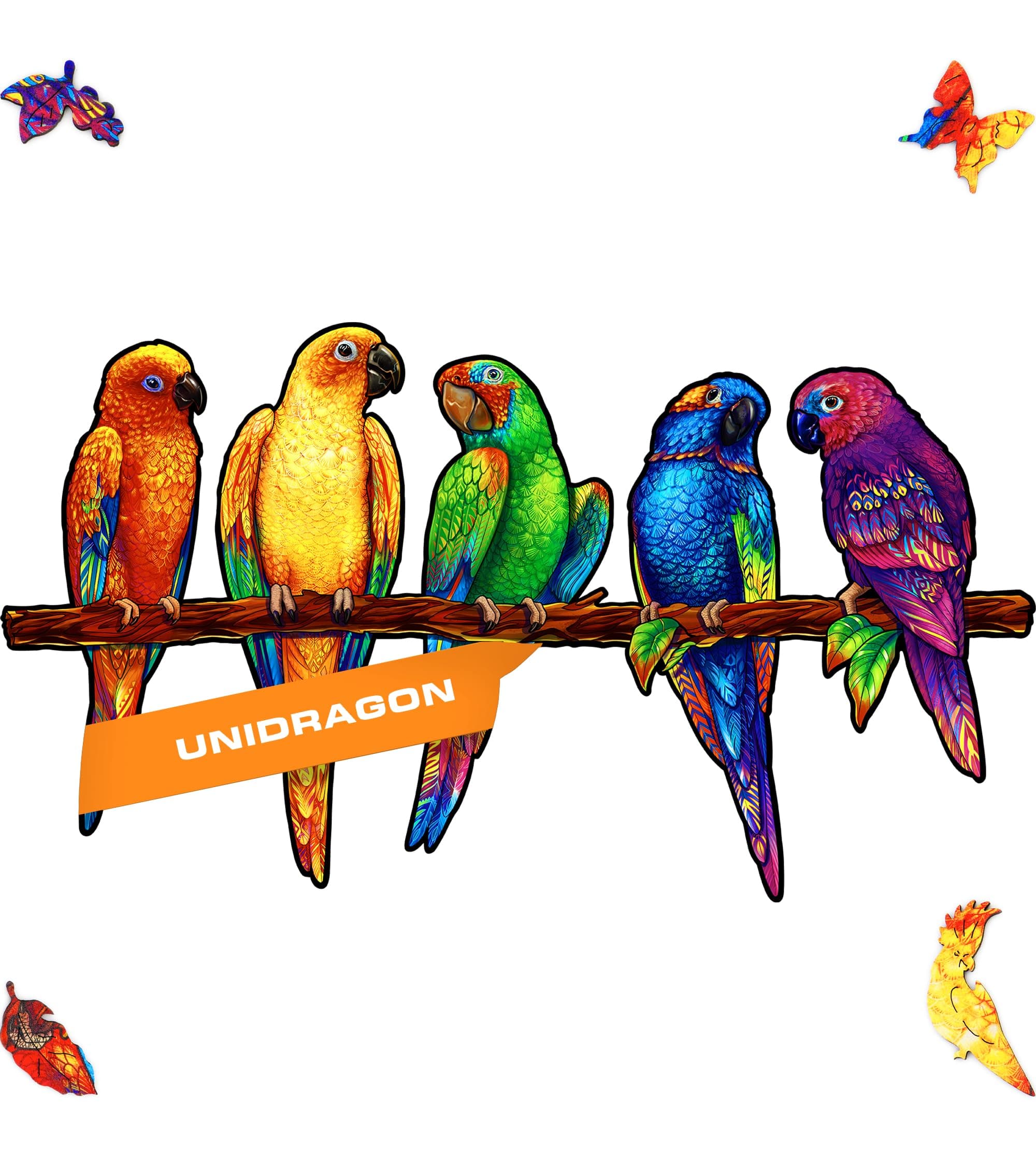 UNIDRAGON Playful Parrots Animal Wooden Jigsaw Puzzle for Adults - 193 Unique Shaped Pieces - Medium 17.3 x 9.8 in (44 x 25 cm)
