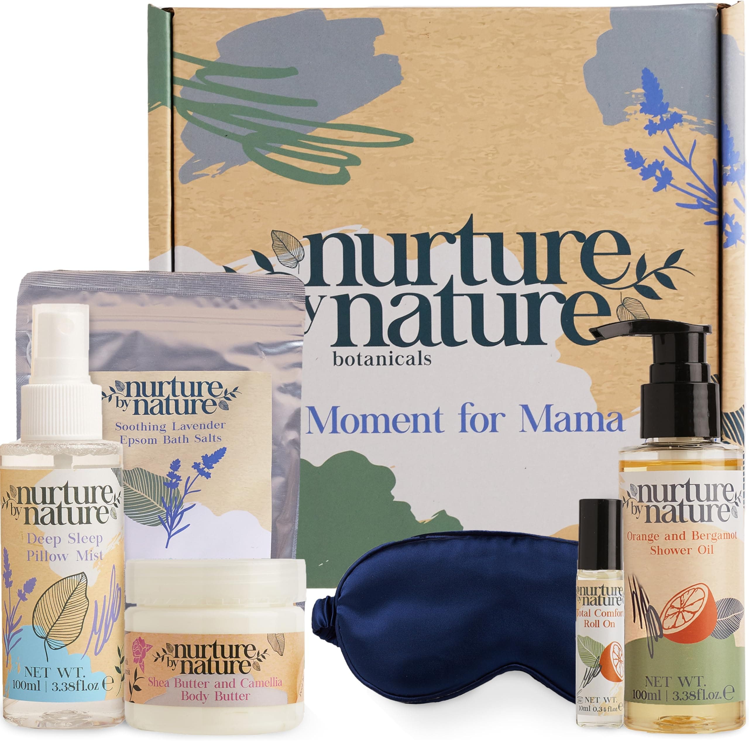 Nurture by Nature New Mom Self Care Gift Set with Body Scrub, Lavender Pillow Spray, Sleep Mask, Body Butter, Shower Gel & Bath Salts - Vegan Friendly - Stocking Stuffer, Baby Shower Gift Basket