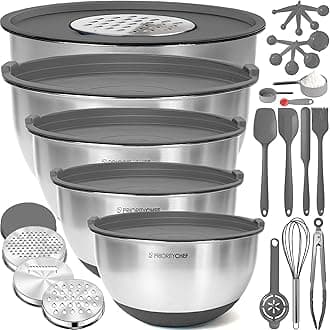 Priority Chef Premium Large 28Pc Stainless Steel Mixing Bowls with Lids Set, Non-Slip Base, Air Tight Lids, 3 Graters and Utensil Set, Large Metal Nesting Bowls for Kitchen, Grey