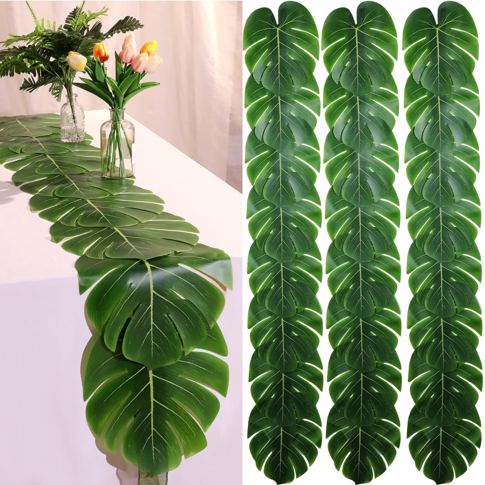 4 Pcs Artificial Palm Leaves Table Runners 72 Inch Long Tropical Palm Leaves Table Runner Faux Leaf Cloth for Wedding Hawaiian Luau Theme Party Supply Summer Decoration (Palm Leaf)