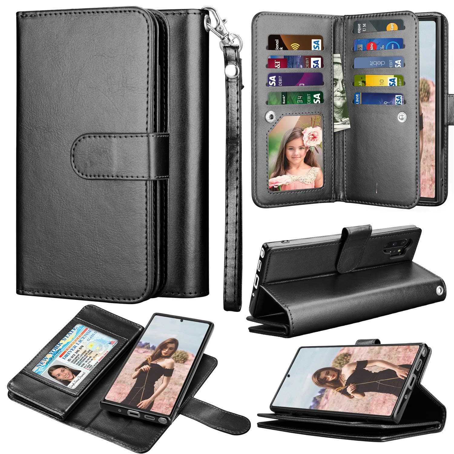 Takfox for Samsung Note 10 Plus Case Wallet, for Galaxy Note 10+ Plus 5G Phone Case PU Leather w 9 ID Credit Card Holder Slots Folio Flip Magnetic Detachable Hard Case & [Wrist Strap]-Black