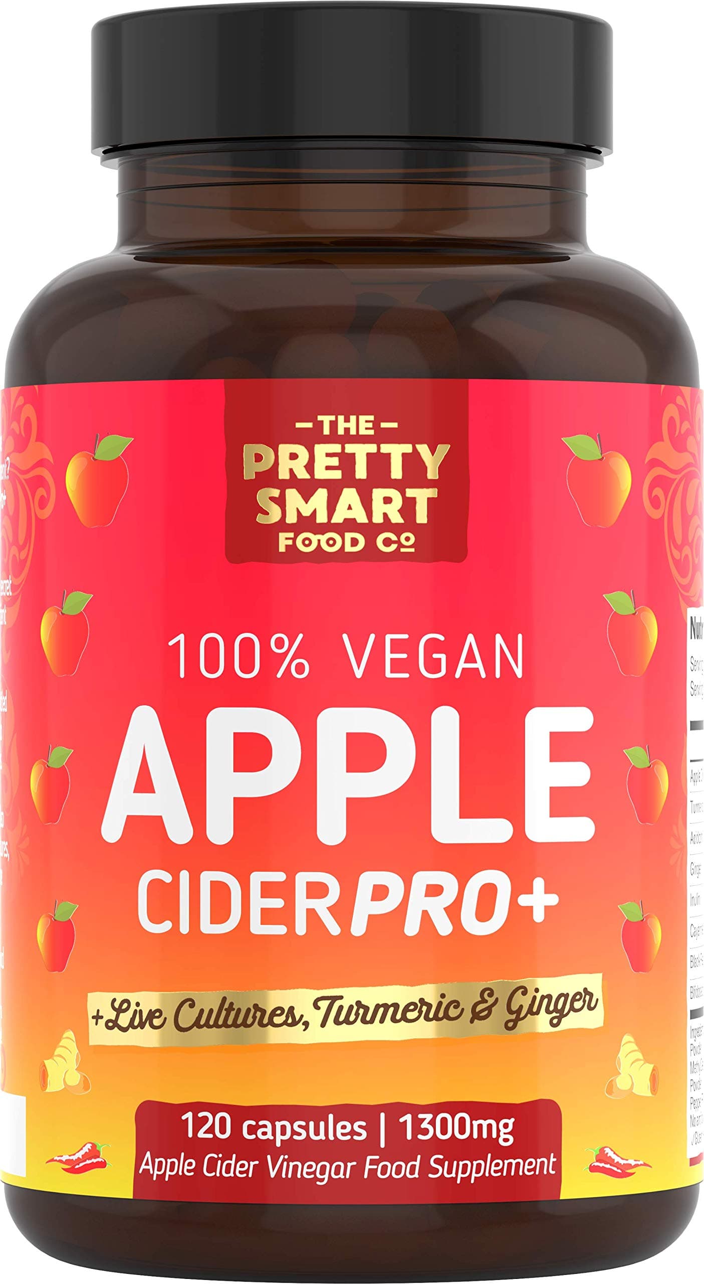 The Pretty Smart Food Co Apple Cider Vinegar Capsules - Boosted with Vegan Live Cultures, Turmeric & Ginger - Raw & Unfiltered ACV Complex - 1300MG Dosage - 120 Capsules - Made The UK