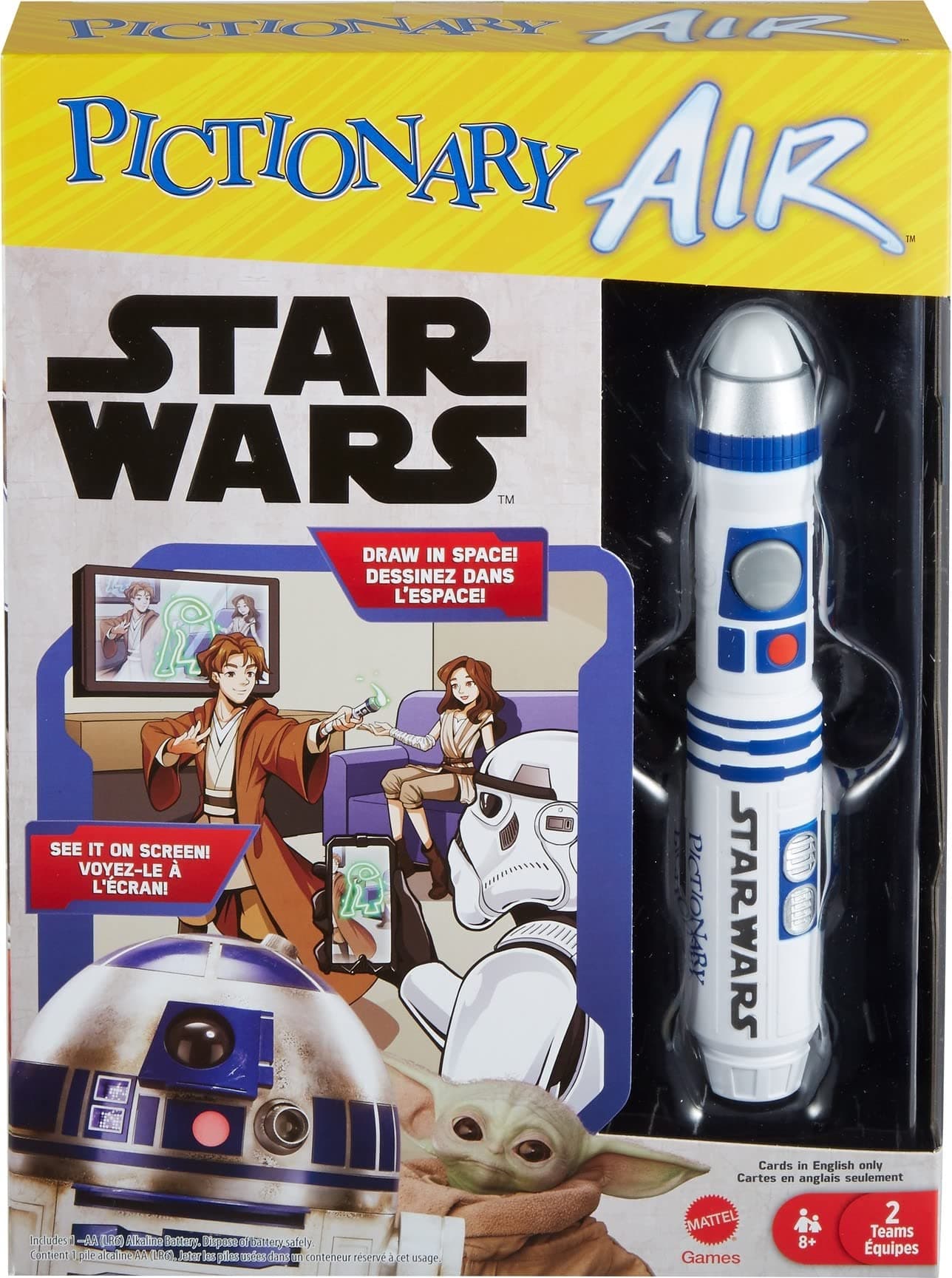 Mattel Games PICTIONARY AIR STAR WARS Family Drawing Game, Lightpen, 112 Double-Sided Clue Cards, Hands-Free Phone Stand, Gift for for 8 Year Olds & Up