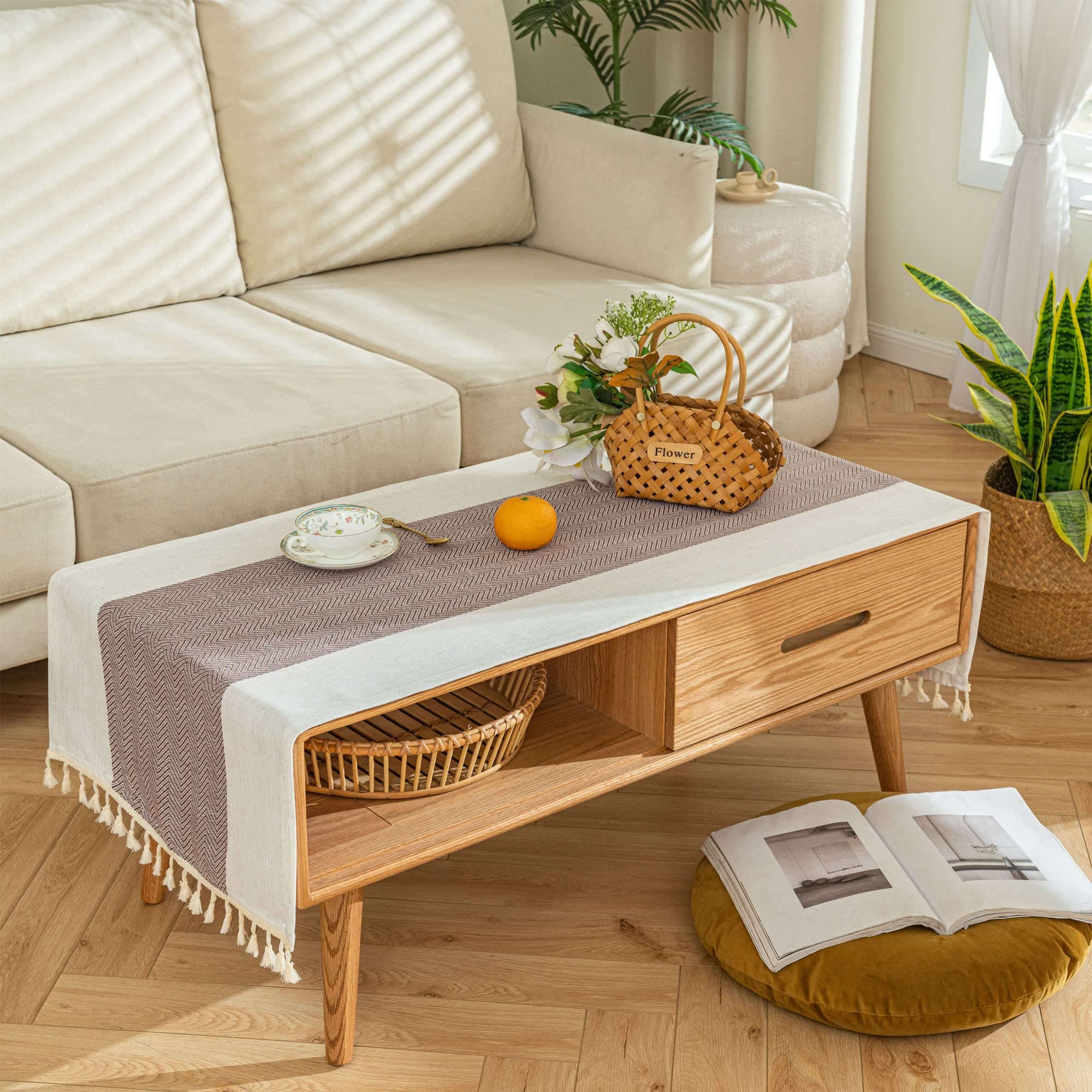 qiden Waterproof Coffee Table Cloth, Coffee Table Covers for Living Room Rectangle Cotton Linen Tablecloth with Tassel Decoration - 20 x 60 inch