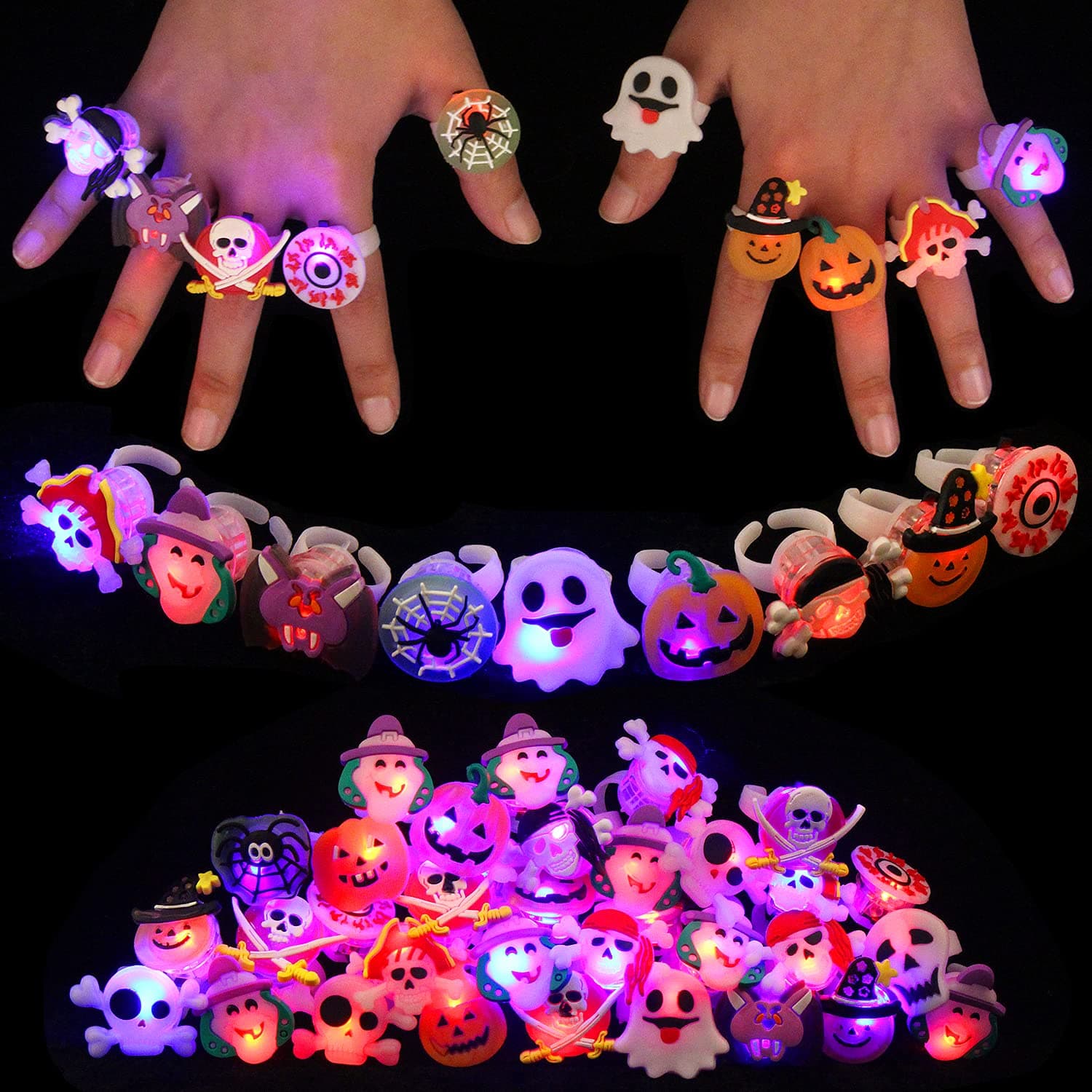 SULOLI Halloween Party Favors, 40Pcs LED Flash Rings for Kids & Adults Party Decorations, Glow in The Dark Halloween Party Bag Fillers