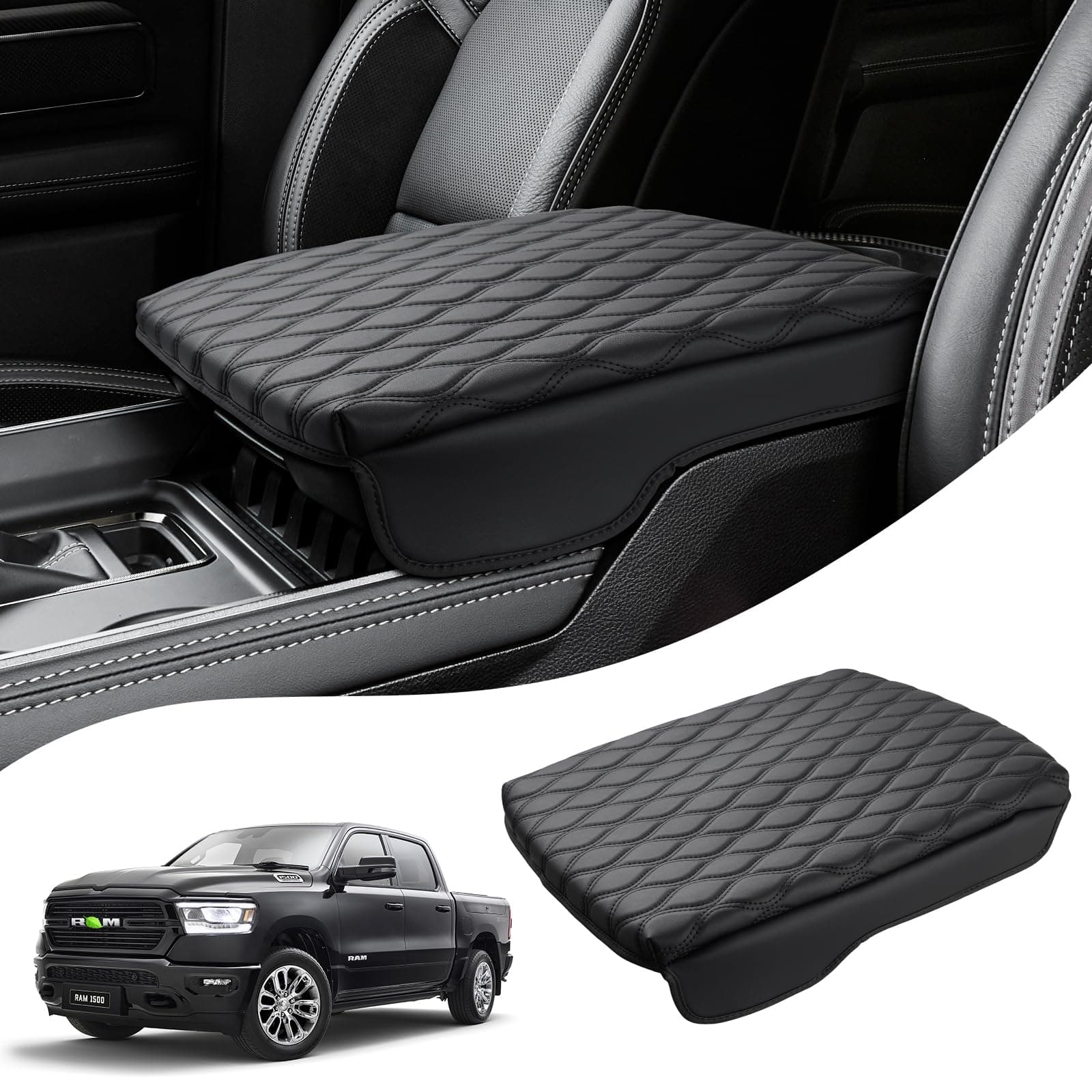 Autorder Center Console Cover for 2019-2024 2025 Dodge Ram 1500/2500/3500 Accessories Armrest Cushion Cover Nappa Leather Middle Console Covers Console Cushion Pad Anti-Scratch(Bucket Seat Only)