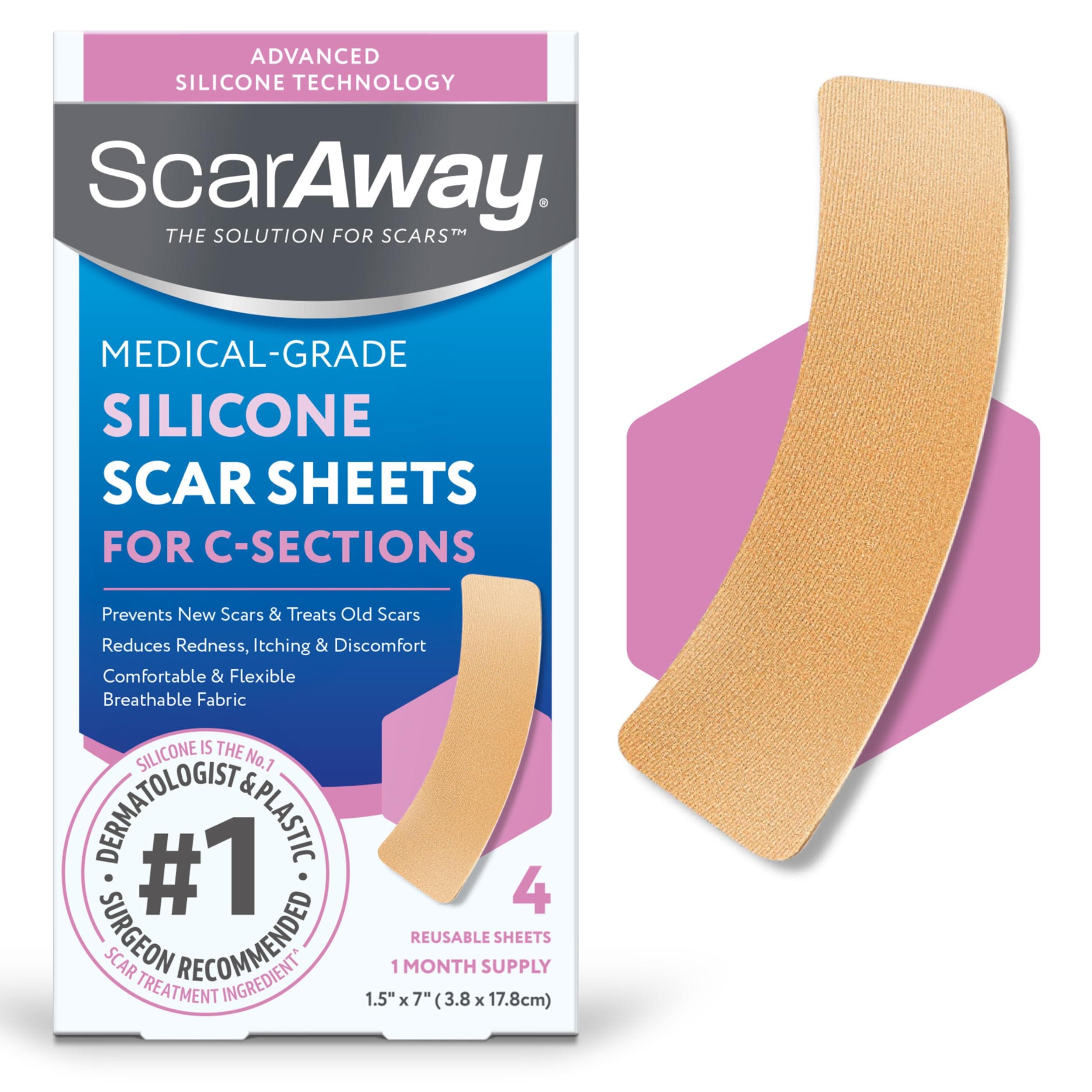 SCARAWAY C-Section Scar Treatment Silicone Adhesive Soft Fabric 4-Sheets Strips (7x1.5in)