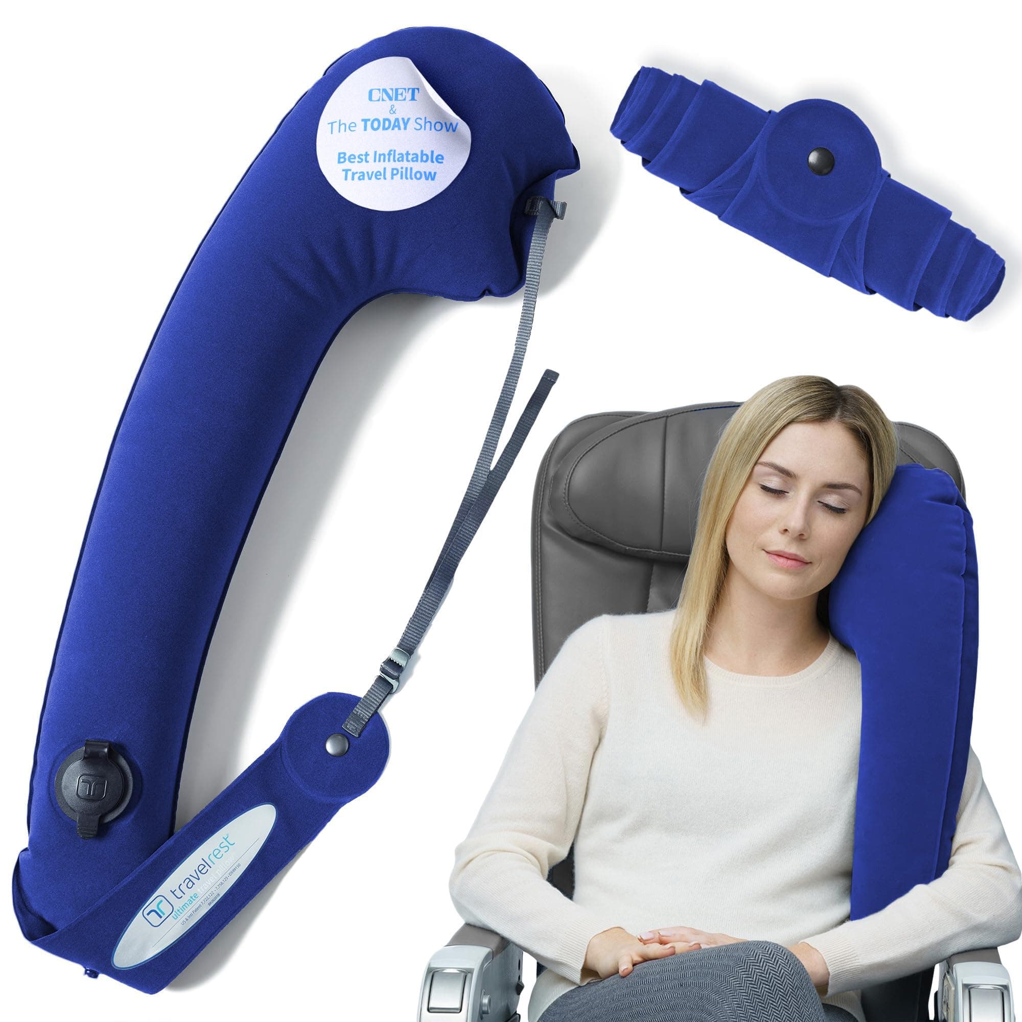 Ultimate Travel Pillow & Body Pillow - Headrest, Auto, Bus, Train, Office Napping, Camping, Wheelchairs, Comfort and Support, Rolls Up, Straps to Airplane Seat & Car - Blue