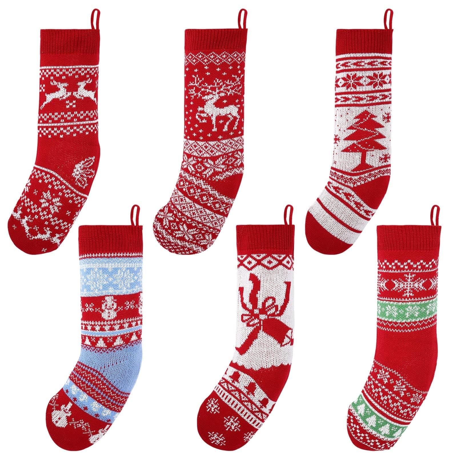 Emorefun 6pcs Christmas Stockings,Large Rustic Yarn Xmas Stockings,Snowflakes Snowman Reindeer Christmas Tree Stocking Decorations for Family Holiday Xmas Party Decor