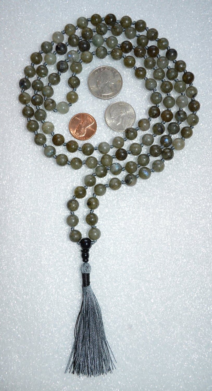 Fifth Chakra Throat Chakra Labradorite hand Knotted 8mm Mala Beads Necklace Communication Self Expression Creativity in Writing Speaking Listening - Free mala pouch included - USA Seller