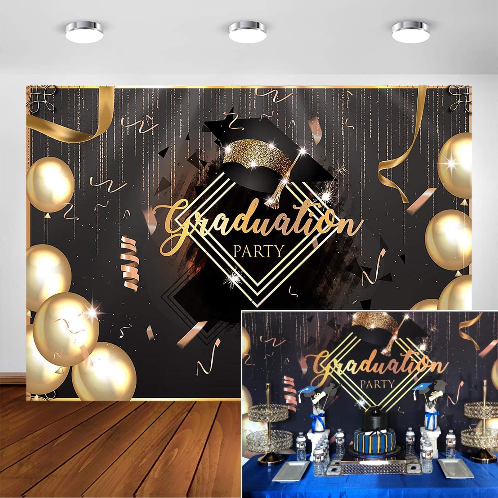 COMOPHOTO 7x5ft Graduation Party Backdrop for Photoshoot Class of Congrats Grad Black Golden Glitter Balloon Decorations Photo Booth Photography Background Props