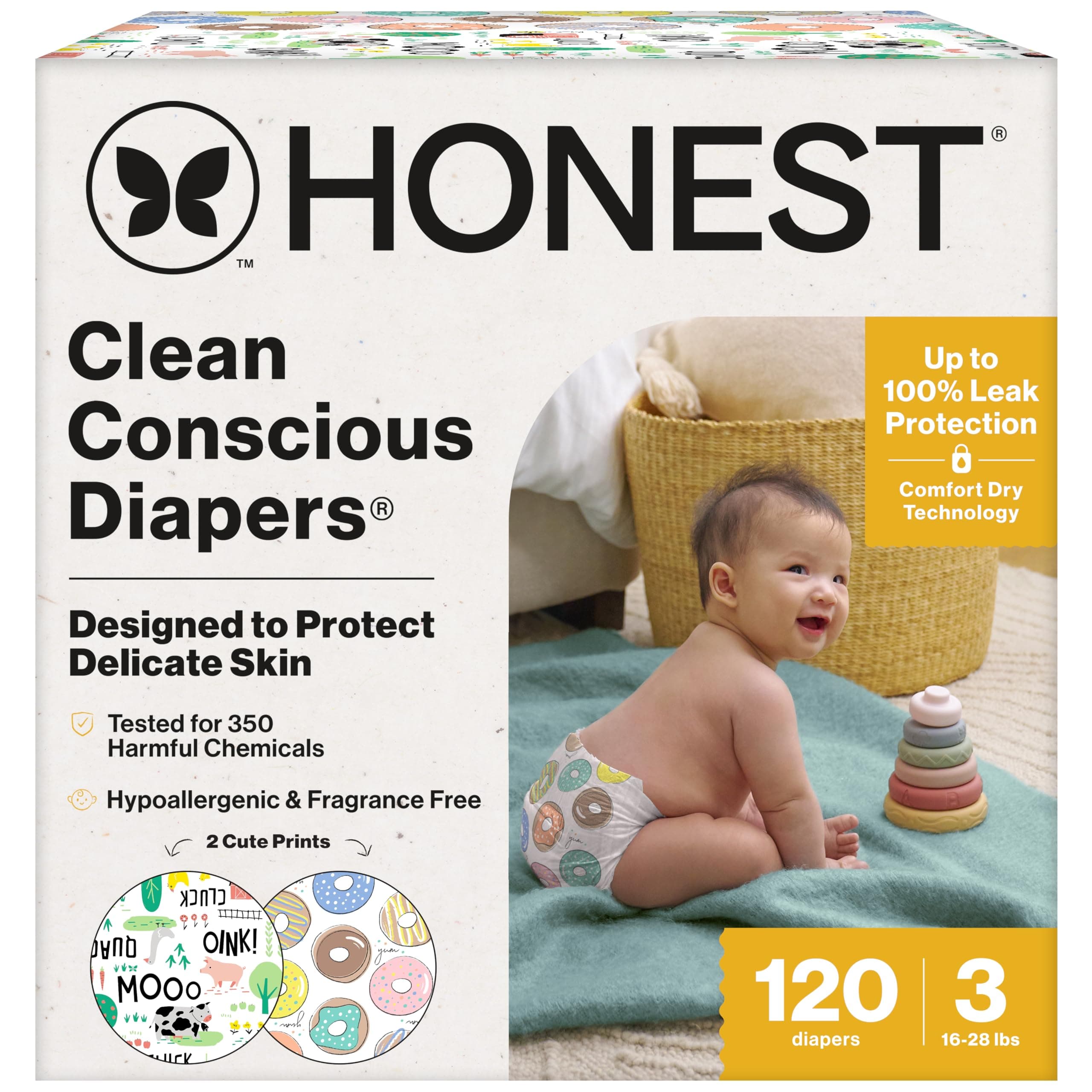 The Honest Company Clean Conscious Diapers | Plant-Based, Sustainable | Cactus Cuties + Donuts | Super Club Box, Size 3 (16-28 lbs), 120 Count