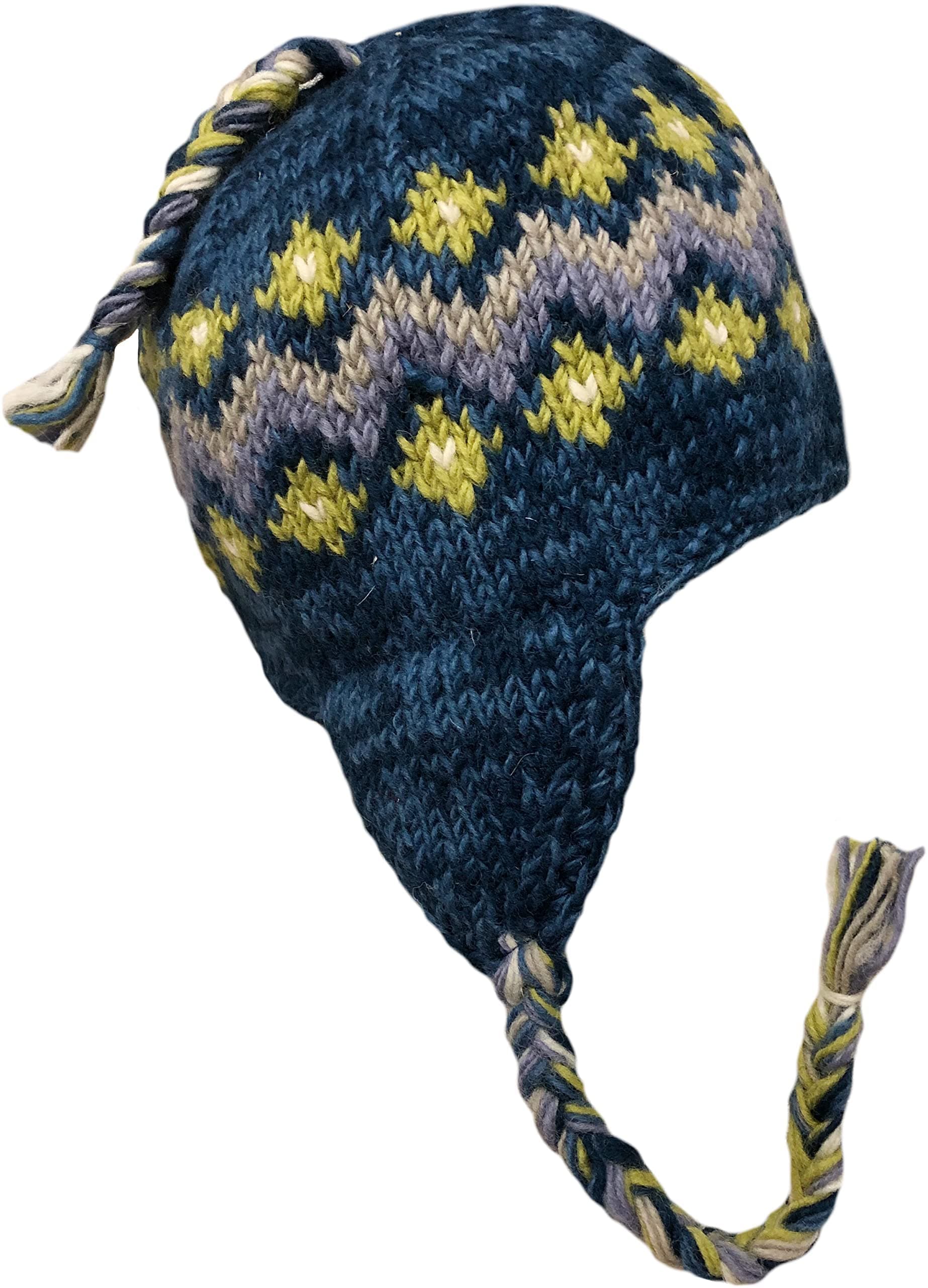 Nepal Hand Knit Sherpa Hat with Ear Flaps, Trapper Ski Heavy Wool Fleeced Lined Cap