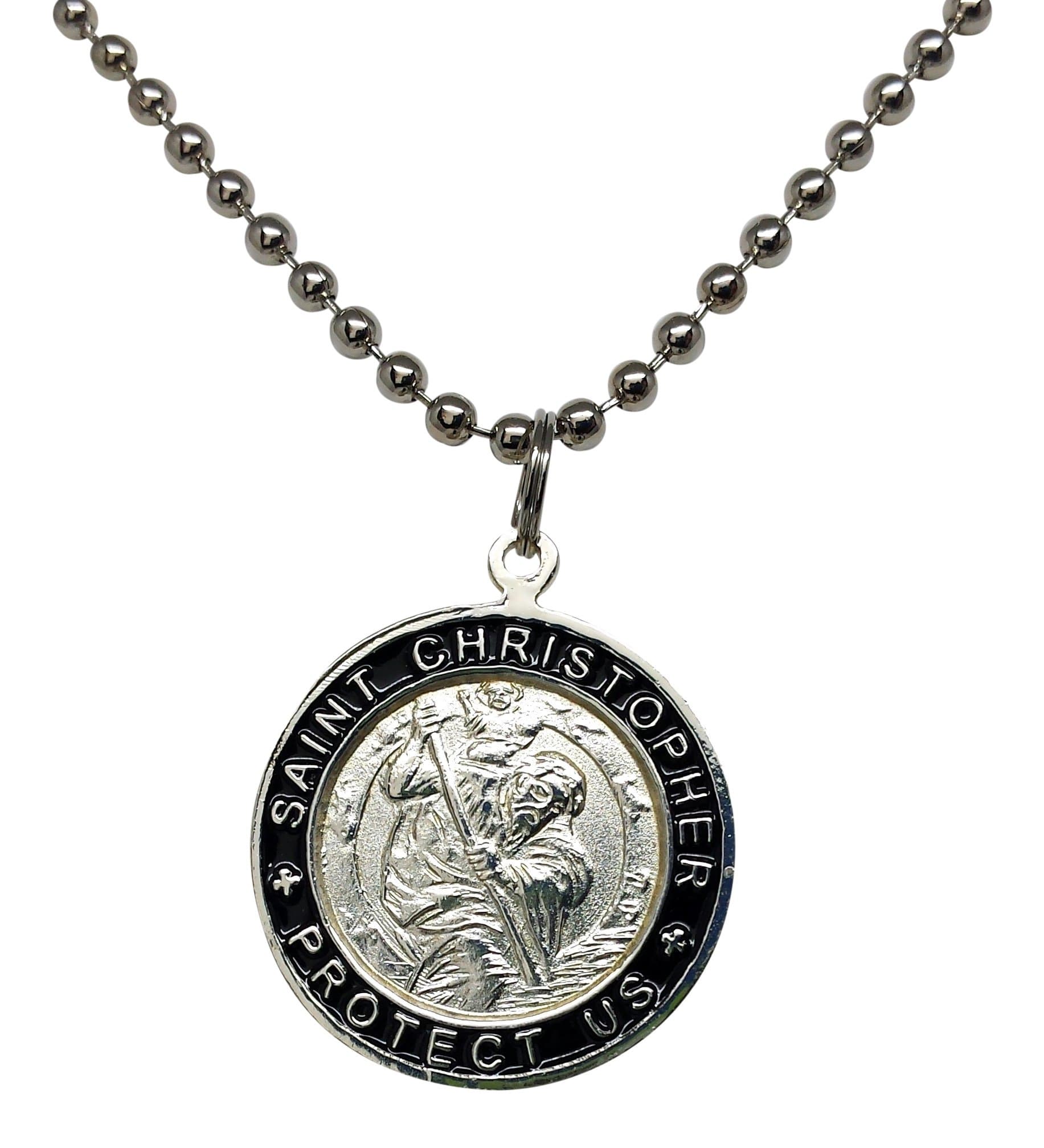 Baja Billys Ocean CreationsSt. Christopher Surf Necklace, Large Pendant, Silvertone Color with Black Rim, 23 Inch Long Ball Chain