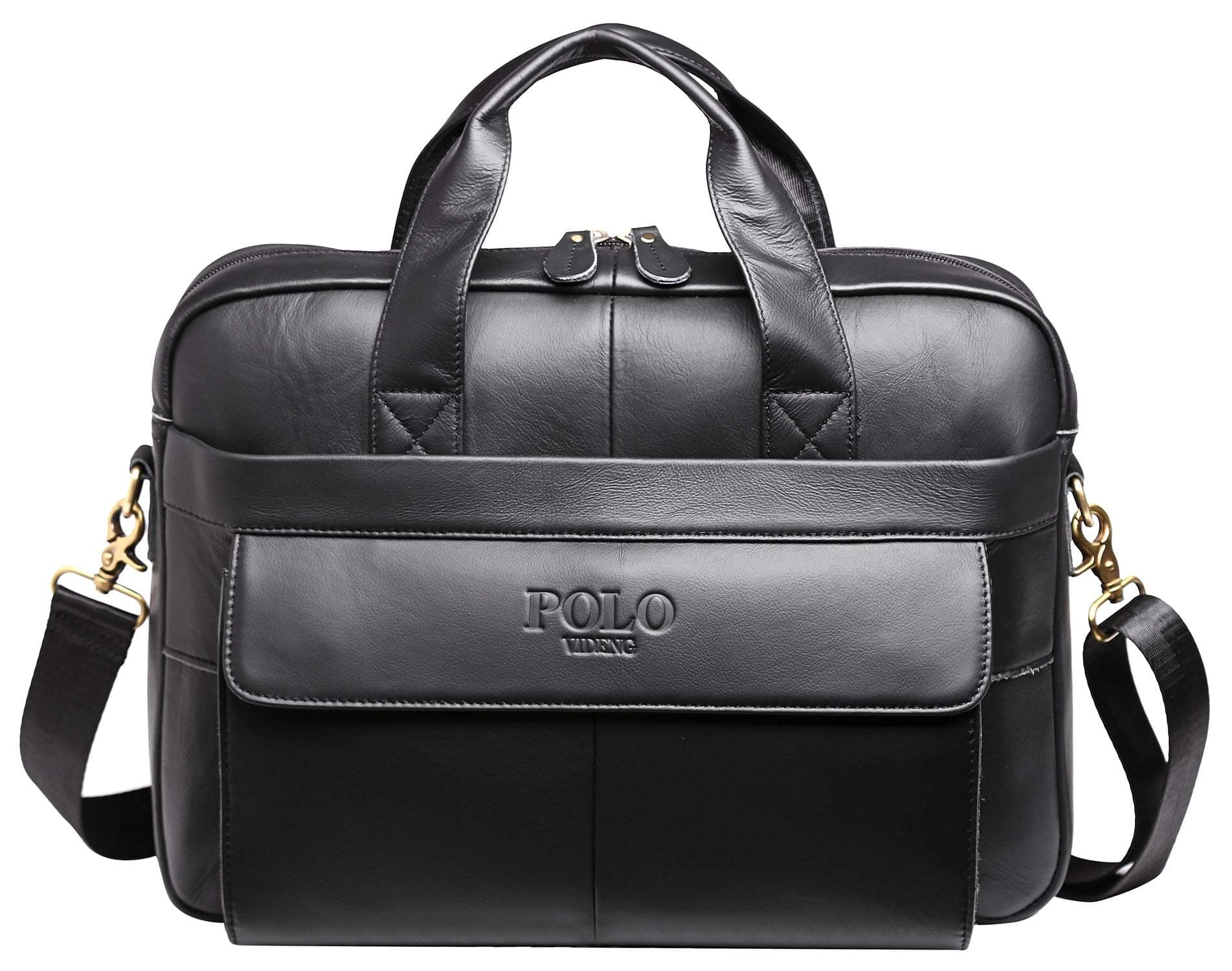 POLOVIDENG Genuine Leather Briefcase,POLO VIDENG Handmade Briefcases for Men Slim 15" Laptop Case Business Messenger Shoulder Bags (GCP-black)