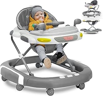 2 in 1 Foldable Baby Walker & Rocker - Multifunctional with 4 Adjustable Heights, Removable Feeding Tray, Music & Silent Wheels - Baby Walker for Boys & Girls 6 Months+ (Grey)