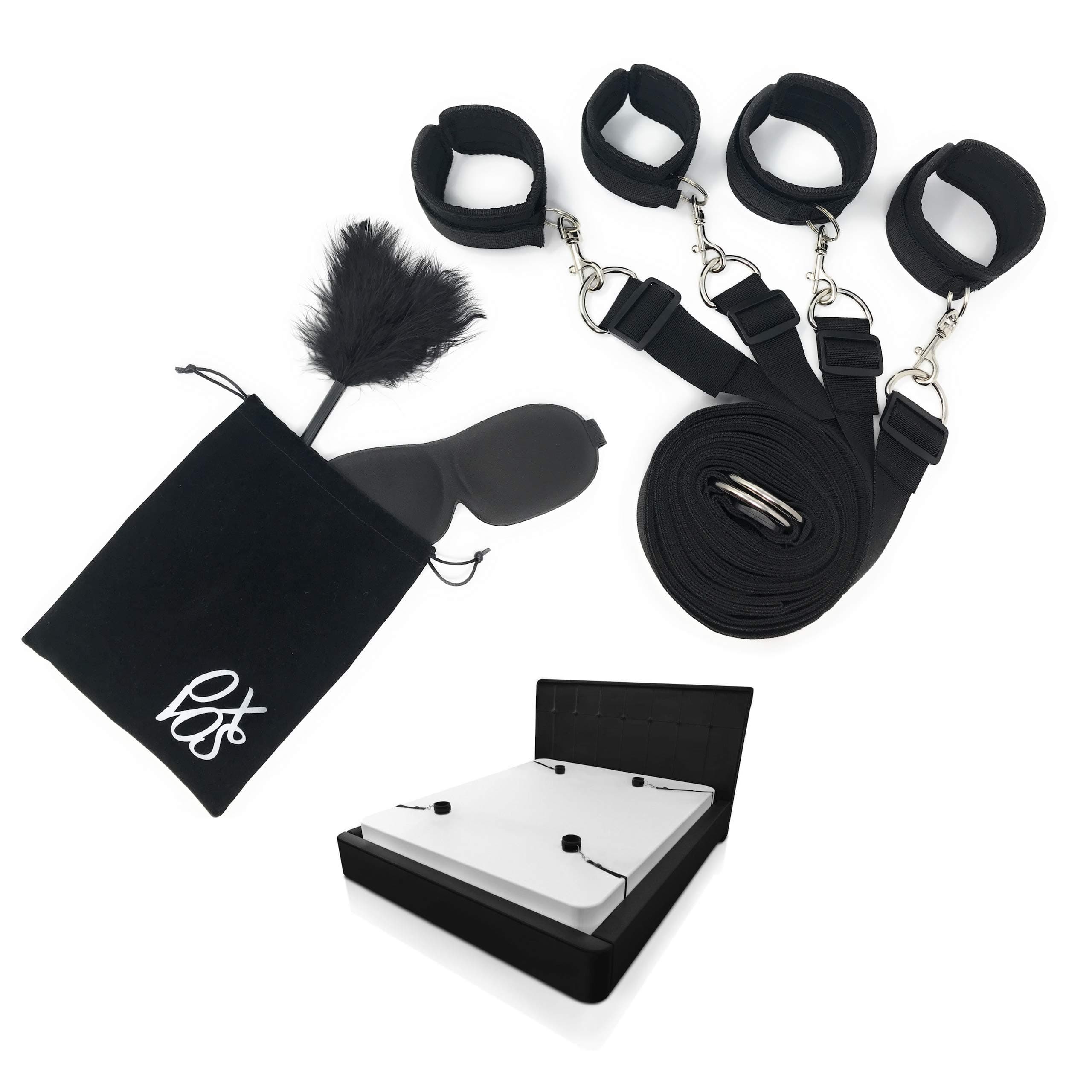 Bed Restraints Set - Includes Satin Blindfold, Velvet Draw String Bag and Feather Tickler - Adjustable To Fit All Bed Sizes - Strong and Durable Exercise Bands - Suitable for Both Men and Women