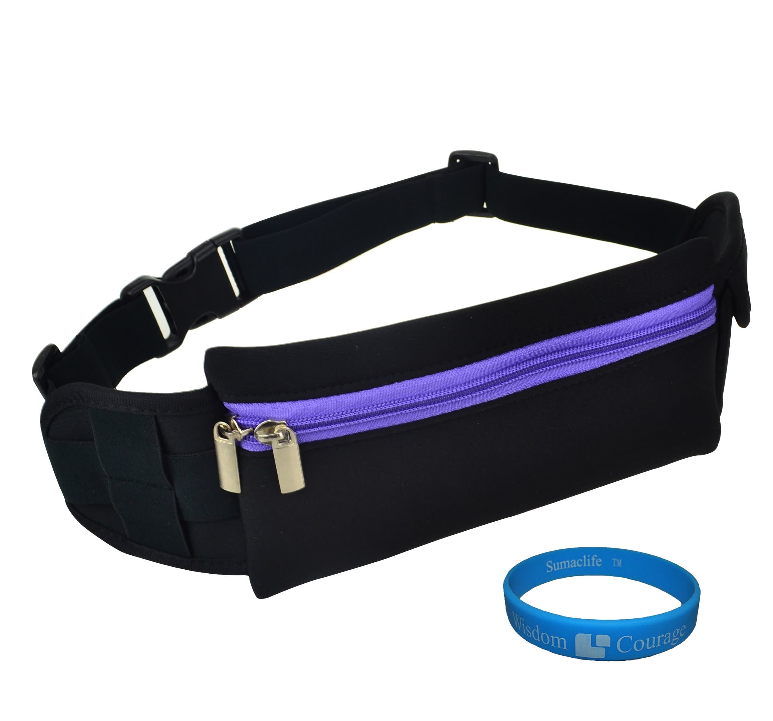 Outdoor Men Women Belt Fanny Pack Waist Wallet Hip Purse Sport Travel Hiking Jogging Bag Fitness Pouch with SumacLife Wisdom Courage Wristband, Purple, Black