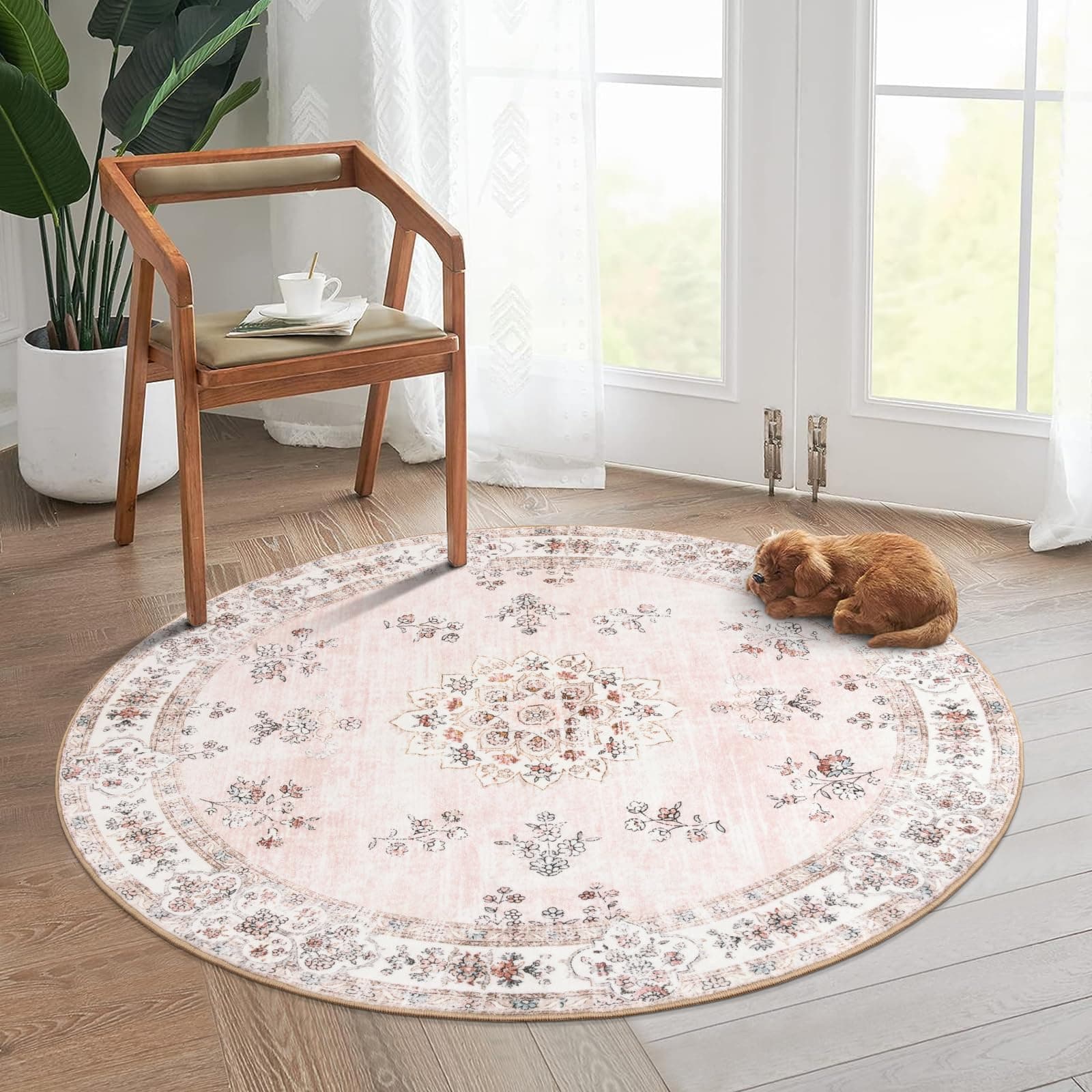 Lahome Washable Pink Round Rug 4ft, Soft Boho 4x4 Circle Rug for Nursery Girls Bedroom, Small Floral Pastel Circular Carpet for Living Room Indoor Floor Home Office Decor