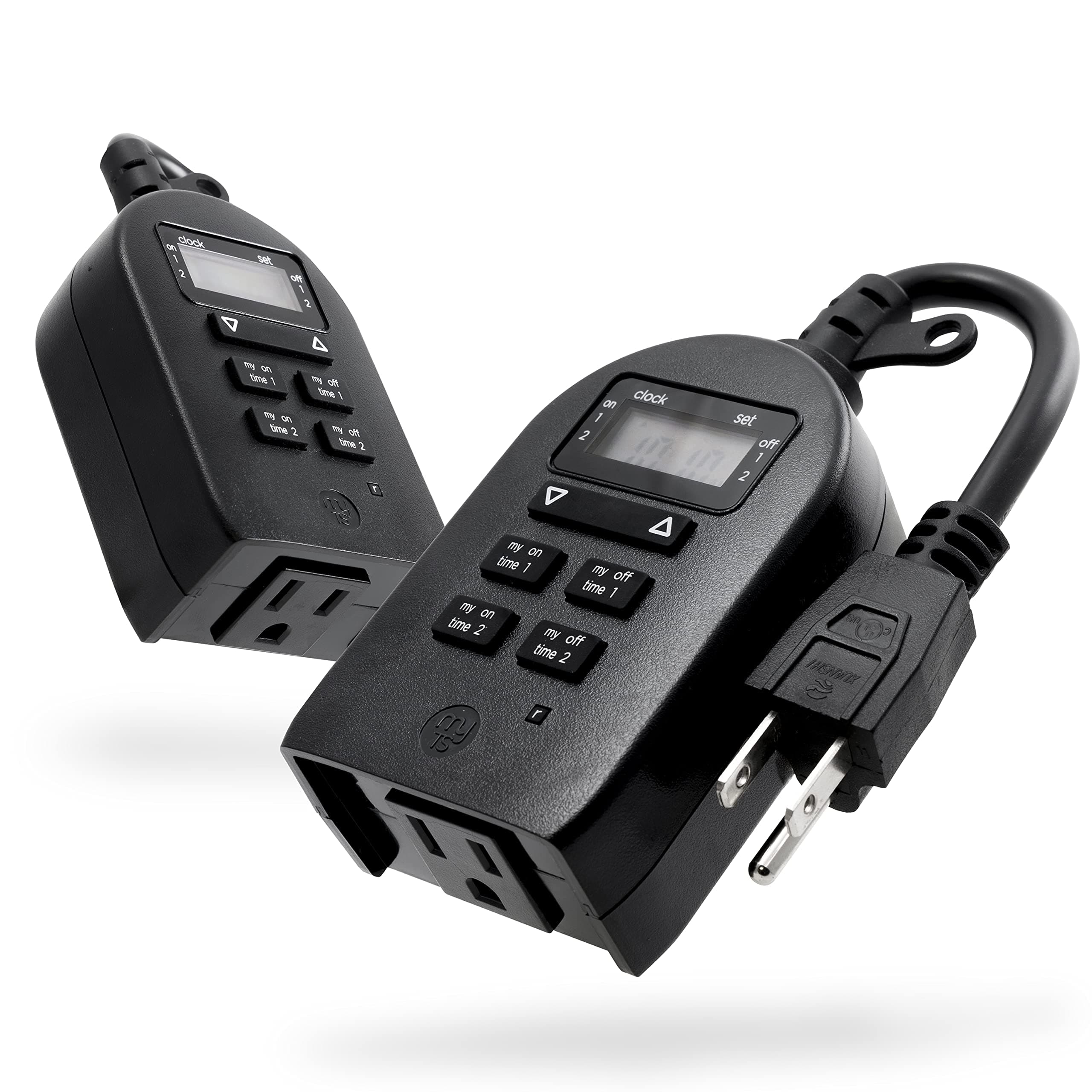myTouchSmartOutdoor/Indoor Plug-in Digital Timer 2-Pack, 1 Grounded Outlet, Easy-to-Set, 2 Custom ON/Off Times, Weather Resistant, Ideal for Seasonal Lighting, Small Pumps, LED, 46226