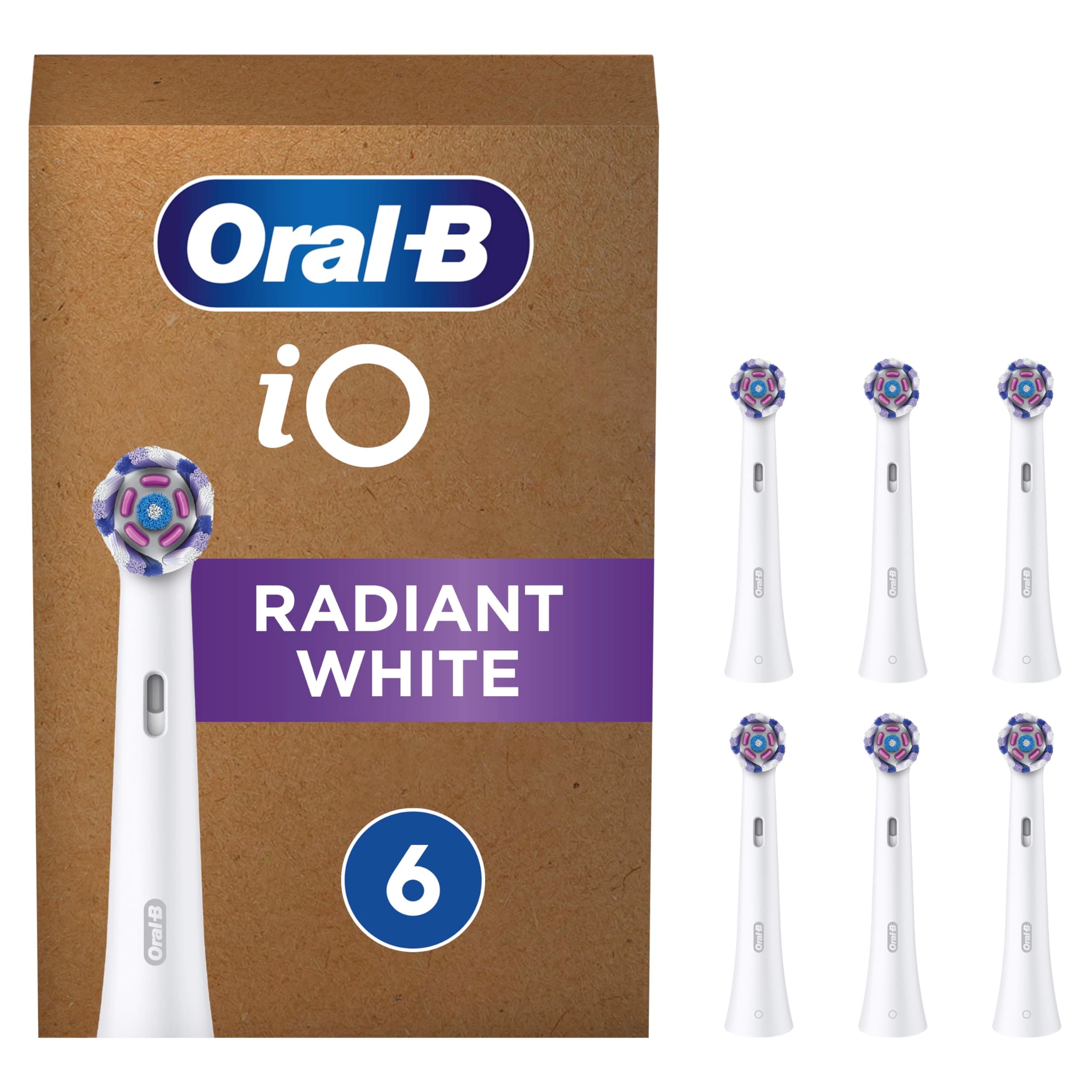 iO Radiant White Electric Toothbrush Head, Angled Bristles Deeper Plaque Removal, with Polishing Petals for Teeth Whitening, Pack of 6 Toothbrush Heads, White