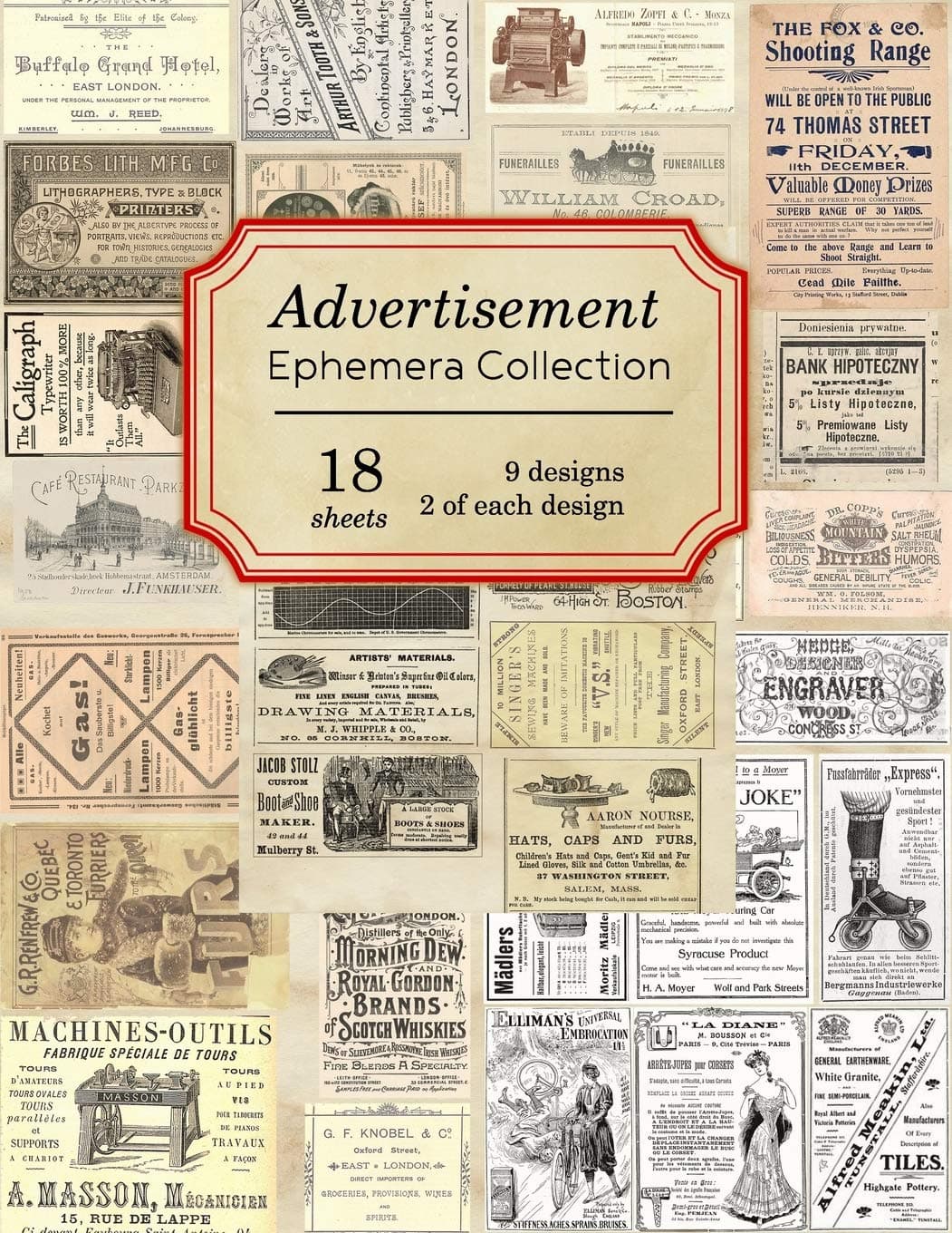 Advertisement Ephemera Collection: 18 sheets - over 140 old and antique Advertisements for DIY cards, junk journals and paper crafts (Vintage Ephemera Collection)