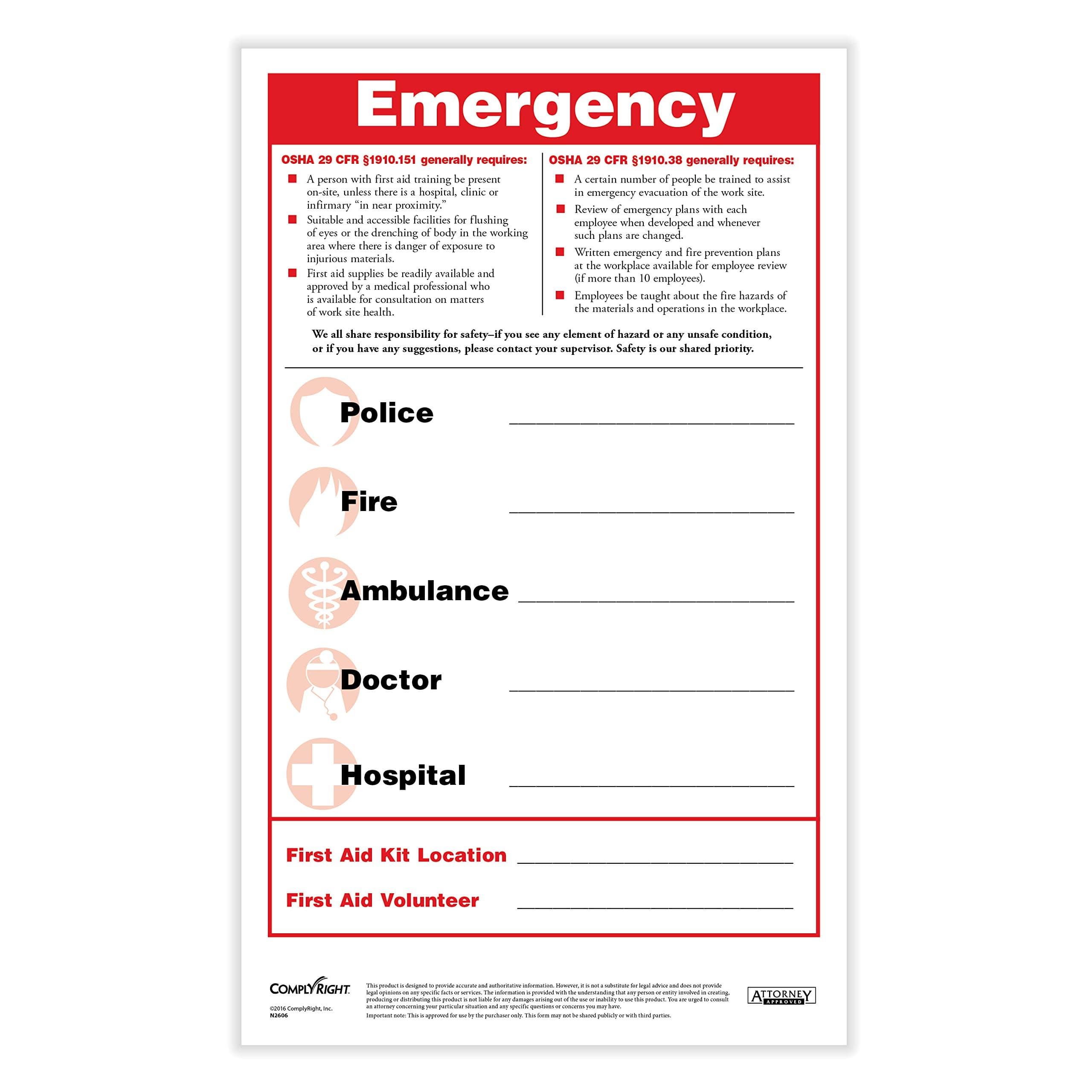 ComplyRight Emergency Numbers Safety Poster and Pen Set | 8-1/2” x 14” | OSHA & Safety