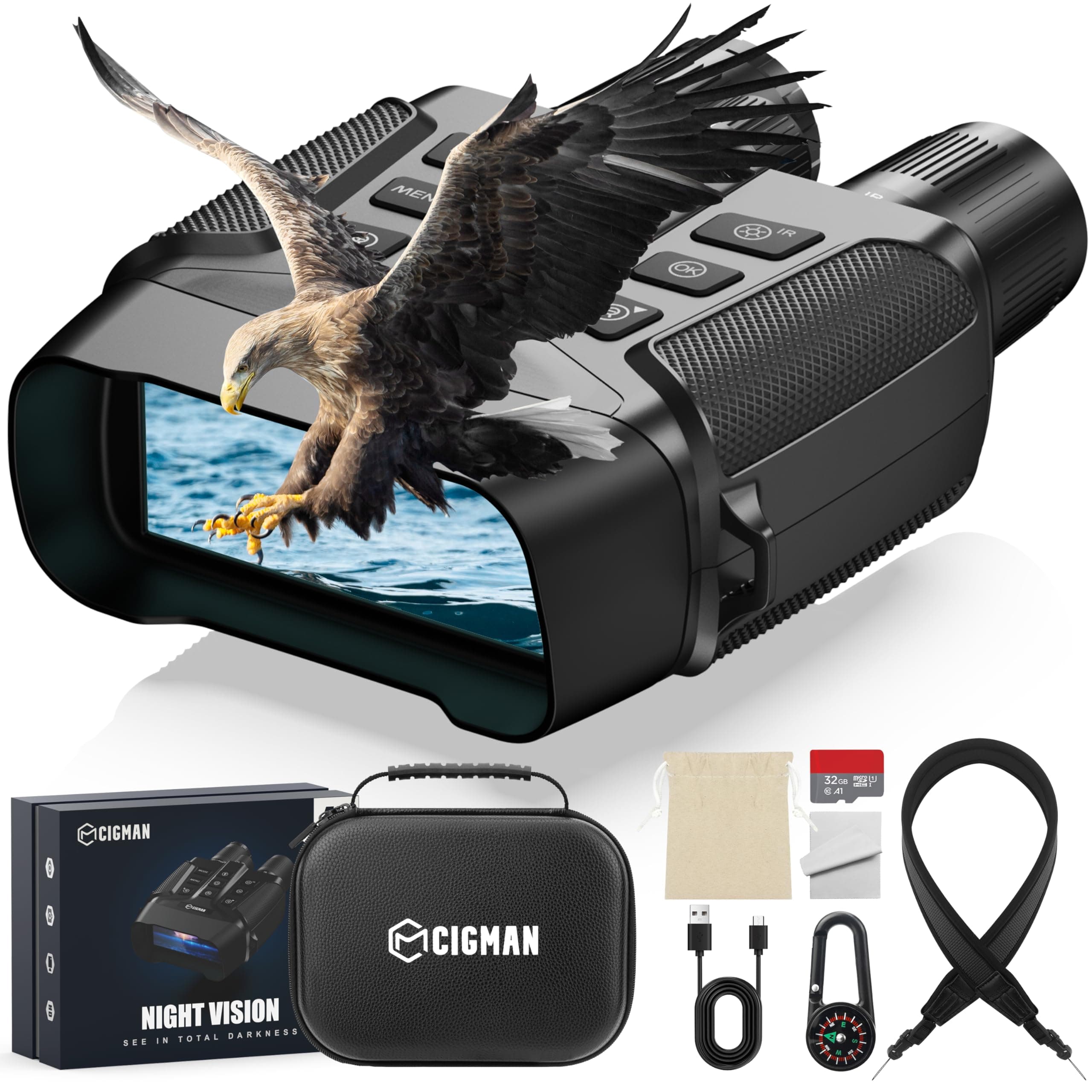 CIGMAN 4K Night Vision Goggles, 3.99" Large Screen, 5000mAh Battery, f/1.0 Large Aperture, 32GB Memory Card for Photos and Videos, Flashlight, 5X Zoom, Compass