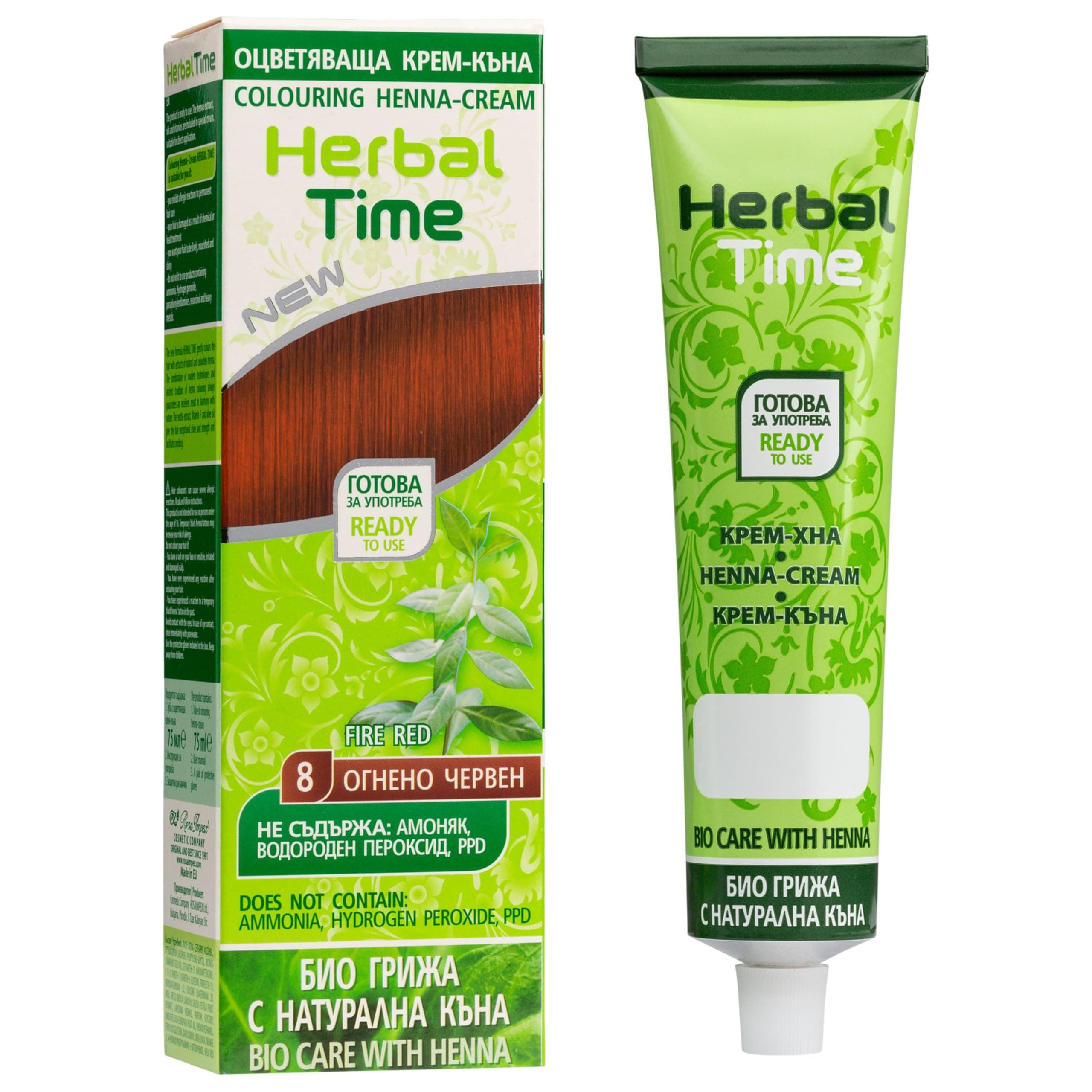 Herbal Time Henna Natural Color Fire Red Nº 8 | Coloring Cream With Nettle Extract | Gray Hair Cover | Temporary Dye | Ammonia, Sulfates, Parabens Free | 75 ml