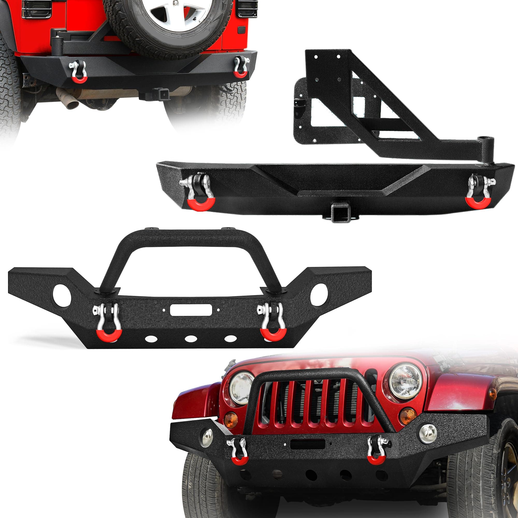LEDKINGDOMUS Front & Rear Bumper Set with Tire Carrier Fit for 07-18 Wrangler JK and JK Unlimited,Full Width Rock Crawler With Fog Lights Hole, Winch Plate Black Textured,Easy Installation,D-rings