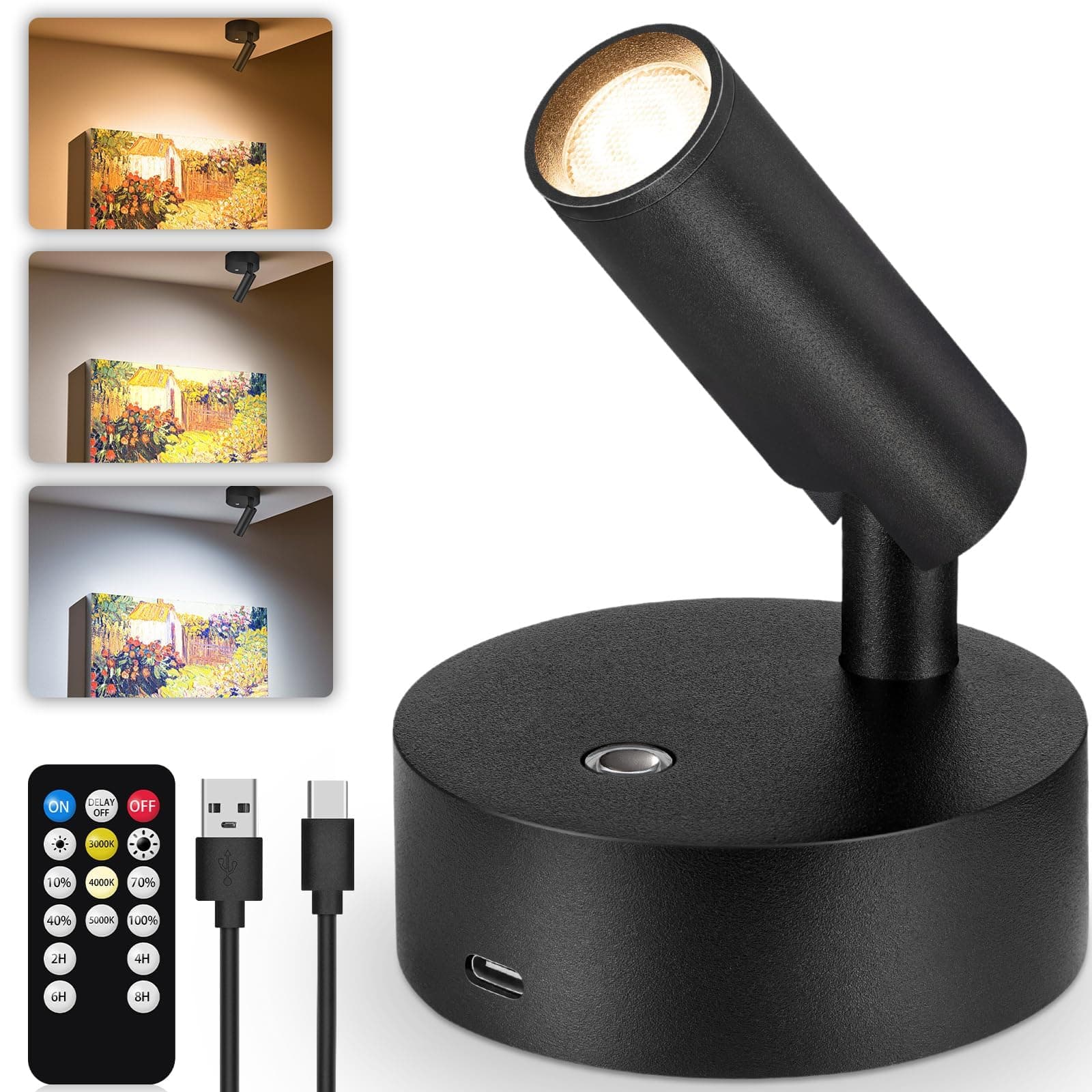 3CCT LED Wireless Spotlight Indoor Rechargeable Picture Lights Battery Operated Spot Light Uplighting Indoor with Remote Dimmable Accent Lighting for Artwork Plant Tree Wall Painting, 1 Pack