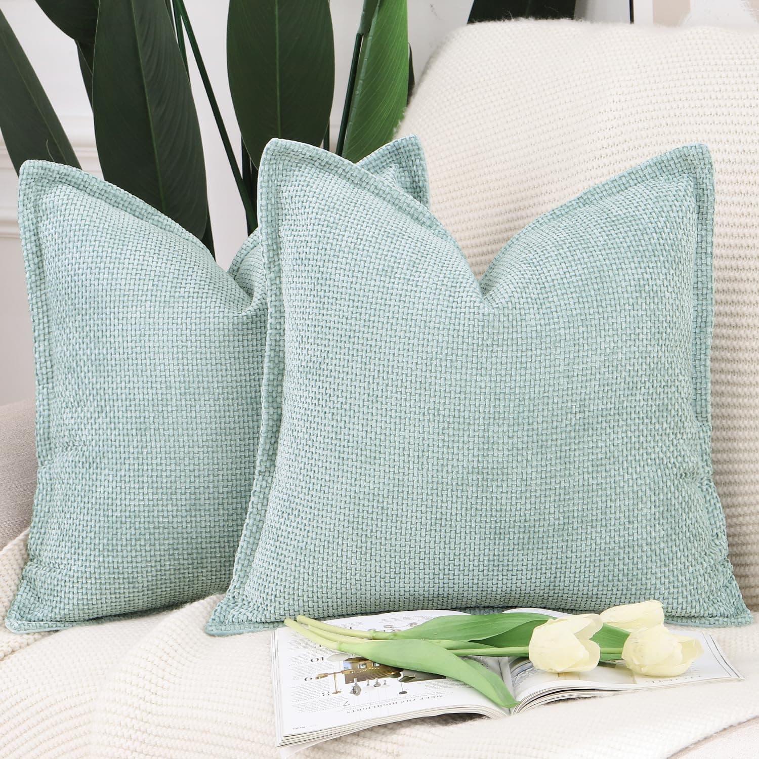 Madizz Set of 2 Chenille Velvet Cushion Covers with Flange Soft Boho Textured Throw Pillow Covers Broadside Pillowcases Modern Farmhouse Home Decor for Sofa Bedroom Aqua Green 18x18 inch, 45x45 cm