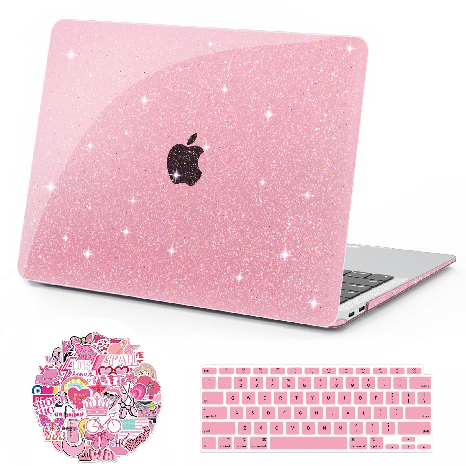 Anban Compatible with MacBook Air 13 inch Case M1 2021 2020 2019 2018 Release A2337 A2179 A1932, Glitter Plastic Hard Shell+Keyboard Cover+Screen Protector for MacBook Air 13.3 inch Case, Sparkly Pink