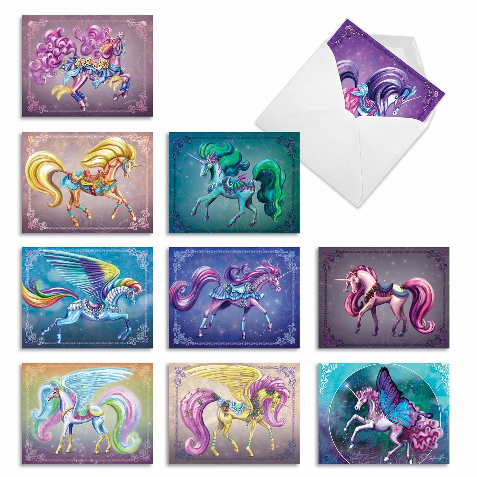 The Best Card Company - 10 Blank Note Cards for Kids (4 x 5.12 Inch) - Fun Mythical Fantasy Cards, Assorted Greetings Boxed - Unique Unicorns AM6294OCB-B1x10