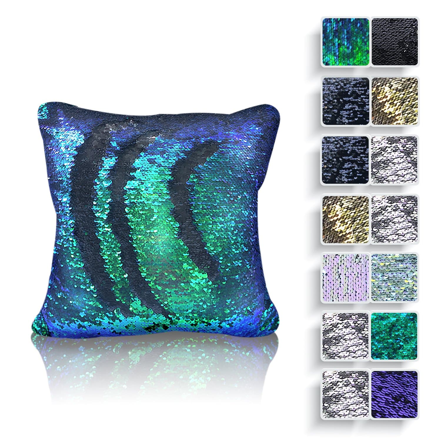 Magic Mermaid Sequin Home Decorative Throw Pillow Cover 16β x 16β - Sequins Front & Back (Green & Blue)