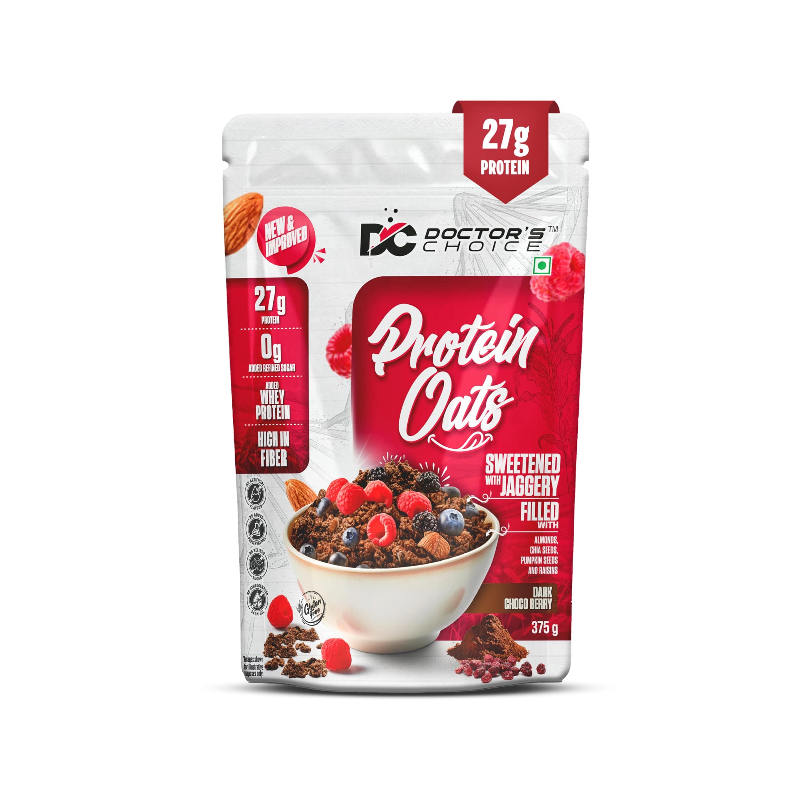 DC DOCTORS CHOICE Oats, High Protein Oats, 27G Pure Protein Breakfast Cereals, Rich In Fiber, No Additives & No Refine Sugar. (375G, Dark Choco Berry)