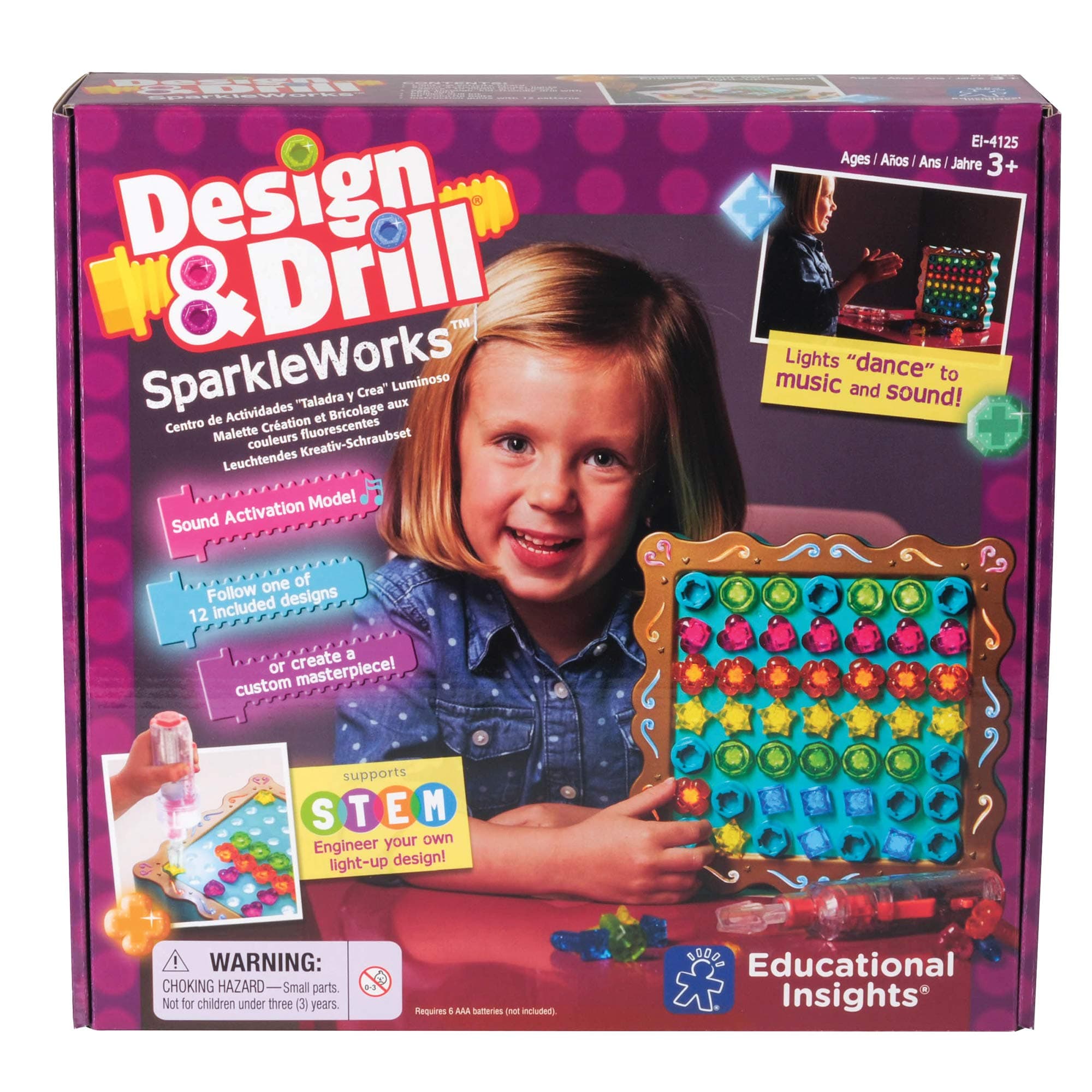 Educational Insights Design & Drill SparkleWorks - Light-Up Kids Tool Set with Real Electric Drill Toy, Construction Toys & Toddler Tools, Take Apart STEM Set, Building Kits for Ages 3+