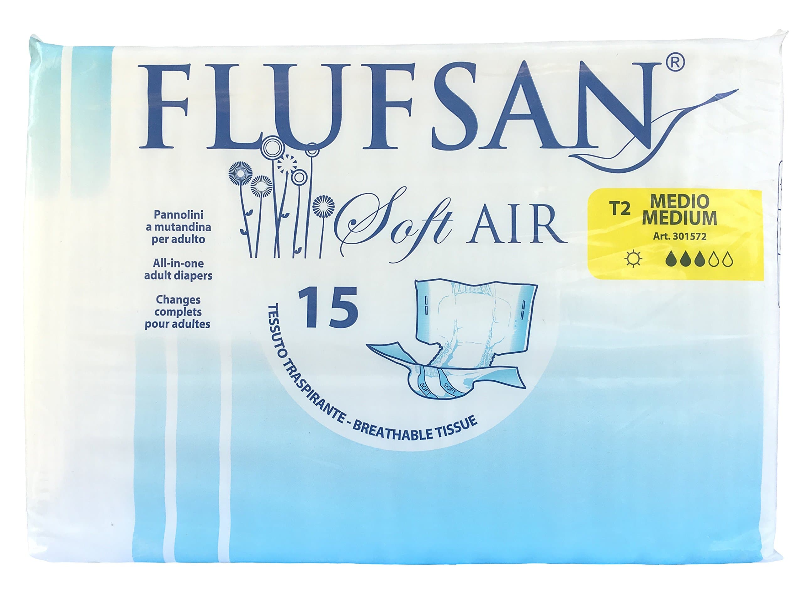 FLUFSAN All in One Adult Diapers Day Medium Breathable Nappies, Latex Free, 40-70 KG, 80-115 cm/ 31-45 inches, Pack of 15 Diapers
