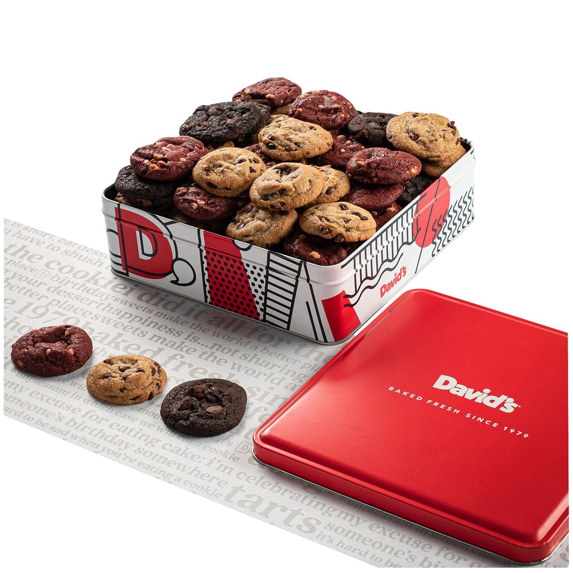 Freshly Baked Melt In Your Mouth Assorted Mini Cookies with Chocolate Chip, Chocolate & White Chocolate Chip & Red Velvet Cookies (Assorted Mini Cookies in Regular Tin - 1Lb)