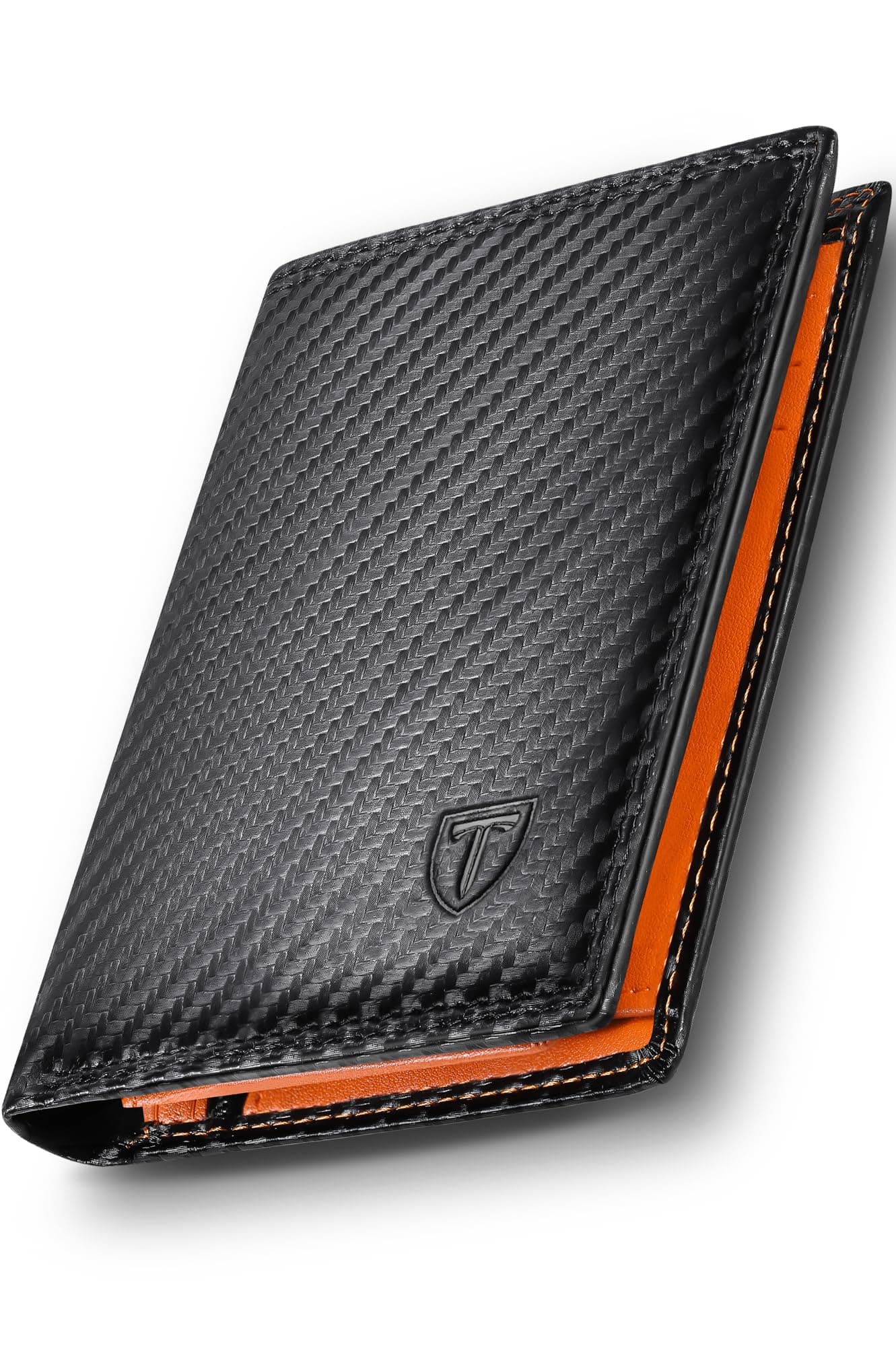 Wallets Mens RFID Blocking, Carbon Fiber Wallets for Men UK, 12 Credit Card Holders & ID Window & Coin Pocket & 2 Banknote Compartments, Bifold Wallet with Gift Box Black & Orange
