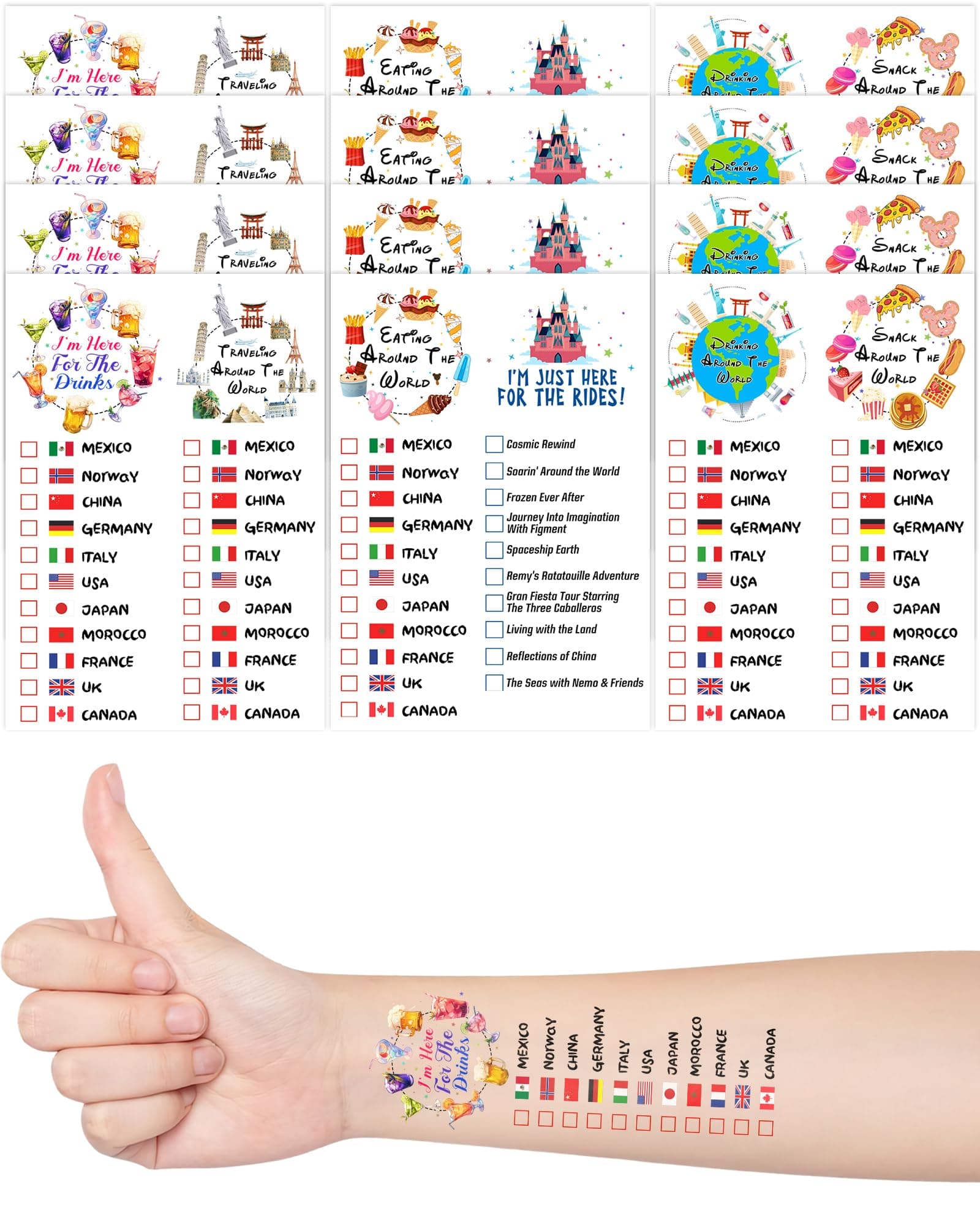 Drink Around The World Temporary Tattoo 24 Pack 6 Designs - Hypoallergenic World Map Snack Temporary Tattoo - Easy to Apply and Remove with Non-Toxic Ink for Food & Wine Festival 2024