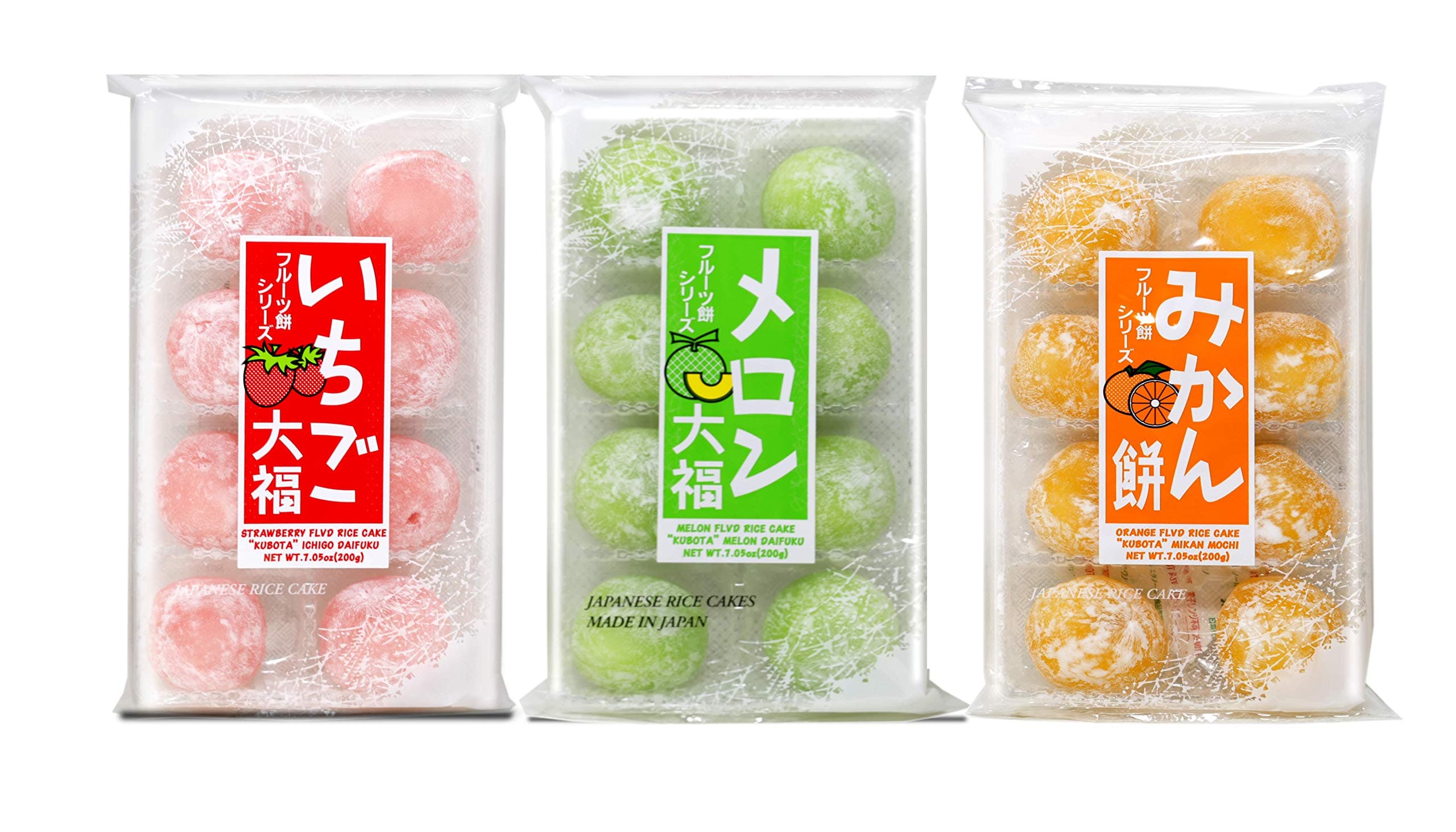 Japanese Mochi Fruits Daifuku (Rice Cake) Strawberry, Melon, Green Tea, Orange Flavors. (Strawberry+Melon+Orange)