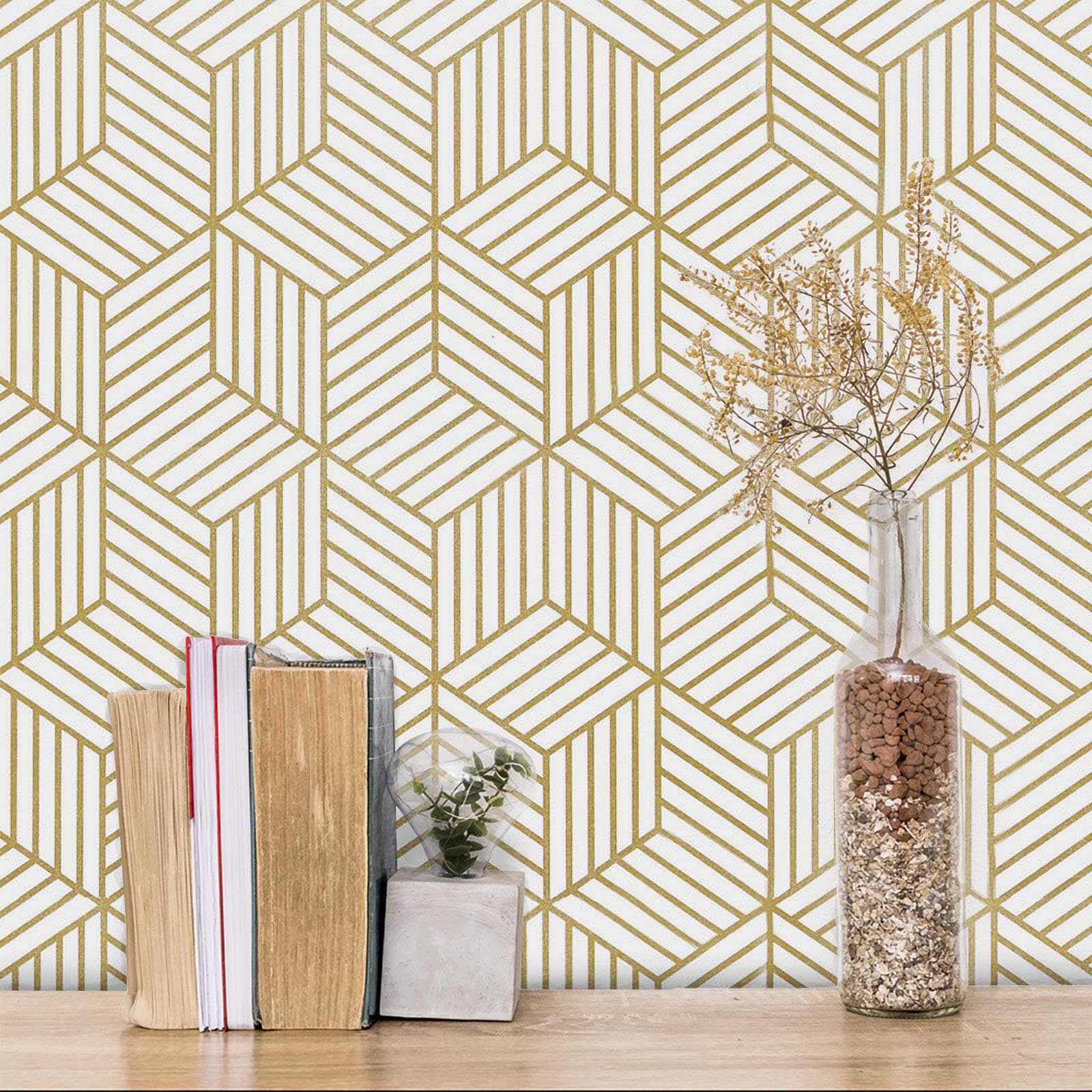 MelunMer Geometric Peel and Stick Wallpaper Gold 118In L 17.7In W Self Adhesive Removable Wallpaper for Bedroom/Bathroom Waterproof Modern Contact Paper for Cabinets Gold Contact Paper Shelf Liner