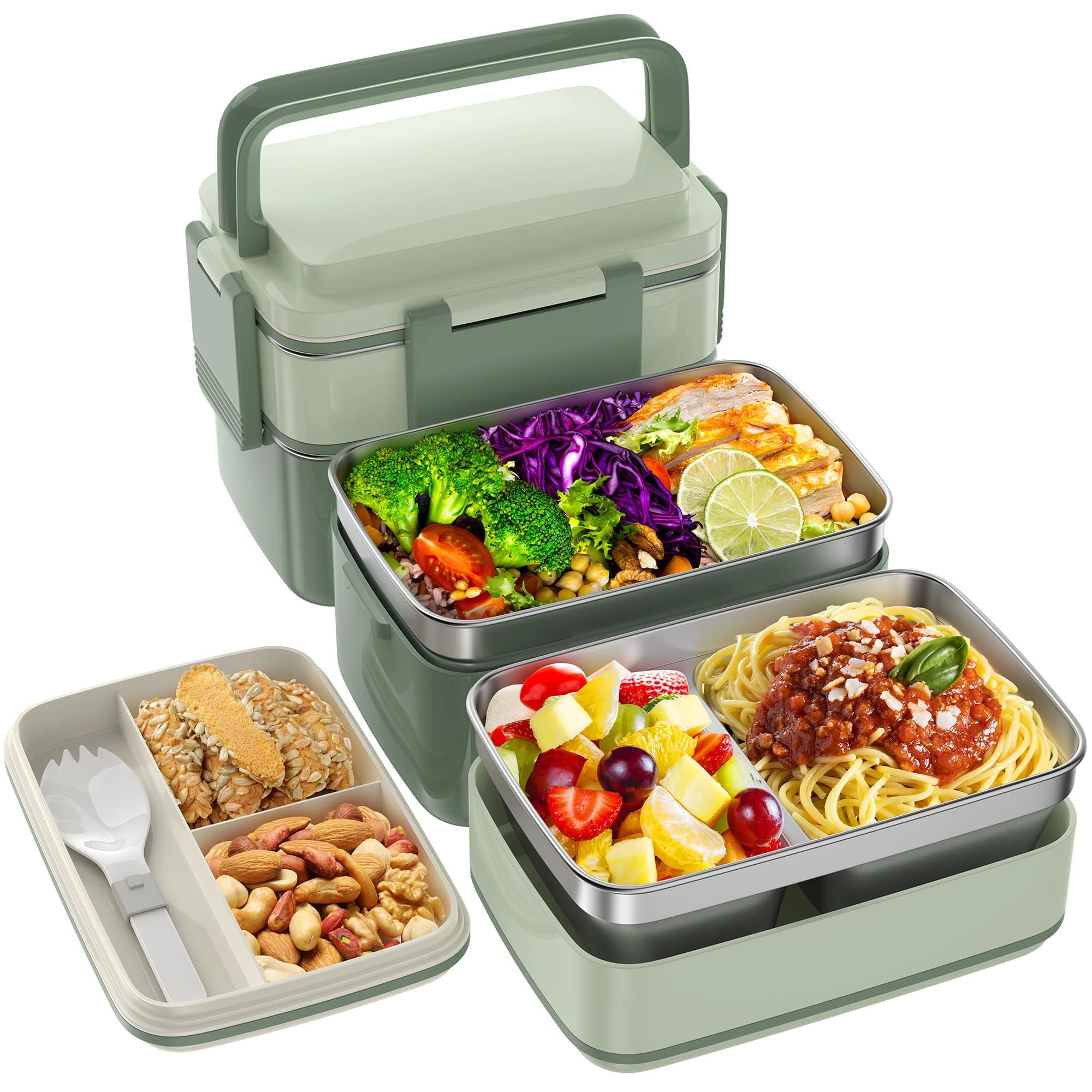 Stainless Steel Bento Box Adult Lunch Box, 3 Stackable Bento Lunch Containers, Portable Modern Style Adult Bento Box, Leakproof 51OZ Bento Lunch Box for Kids and Adults (Green)