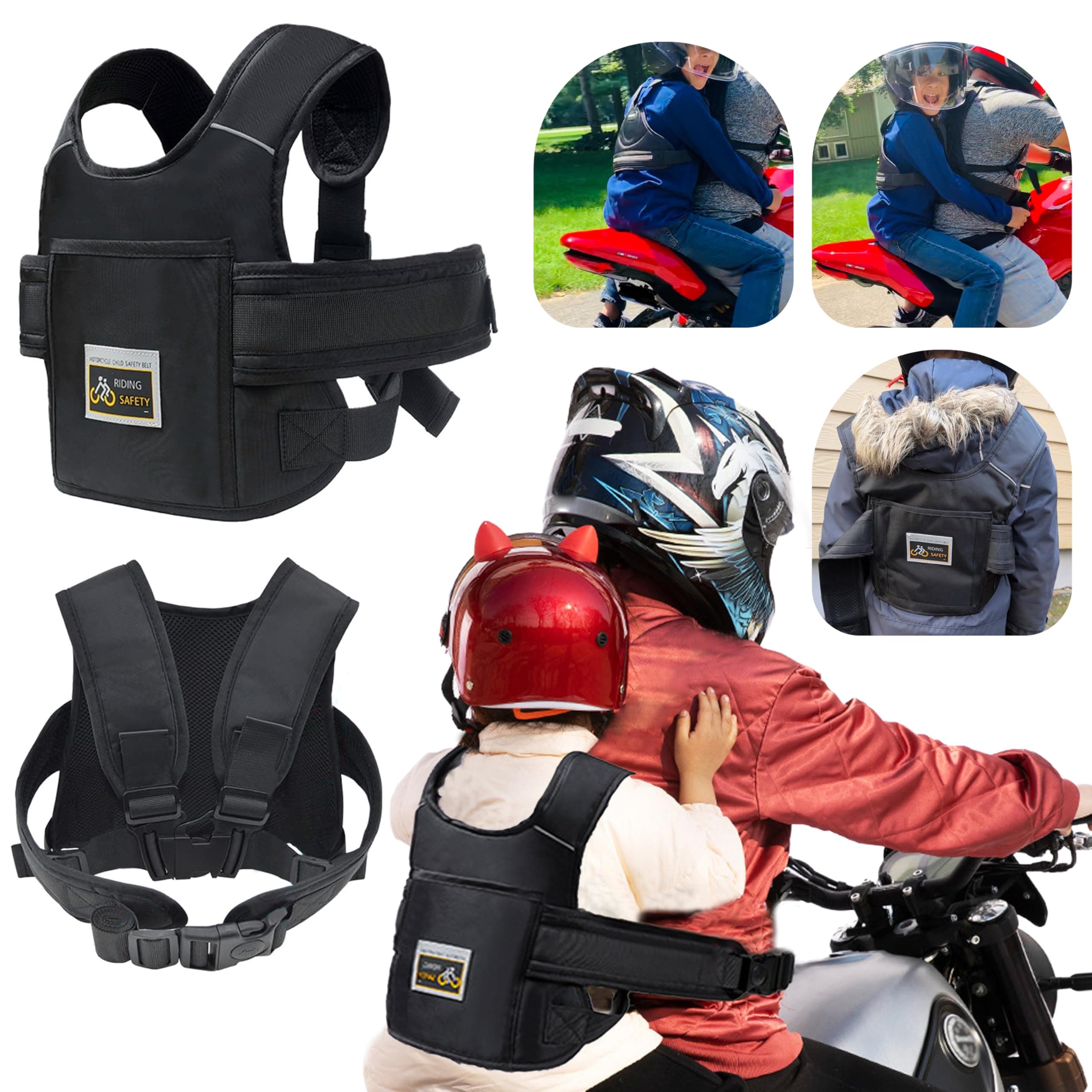 Child Motorcycle Safety Harness Reflective Strip, Reflective Child Motorcycle Harness Adjustable, Safety Harness For Kids & Toddlers Aged 3-12 Years - Black