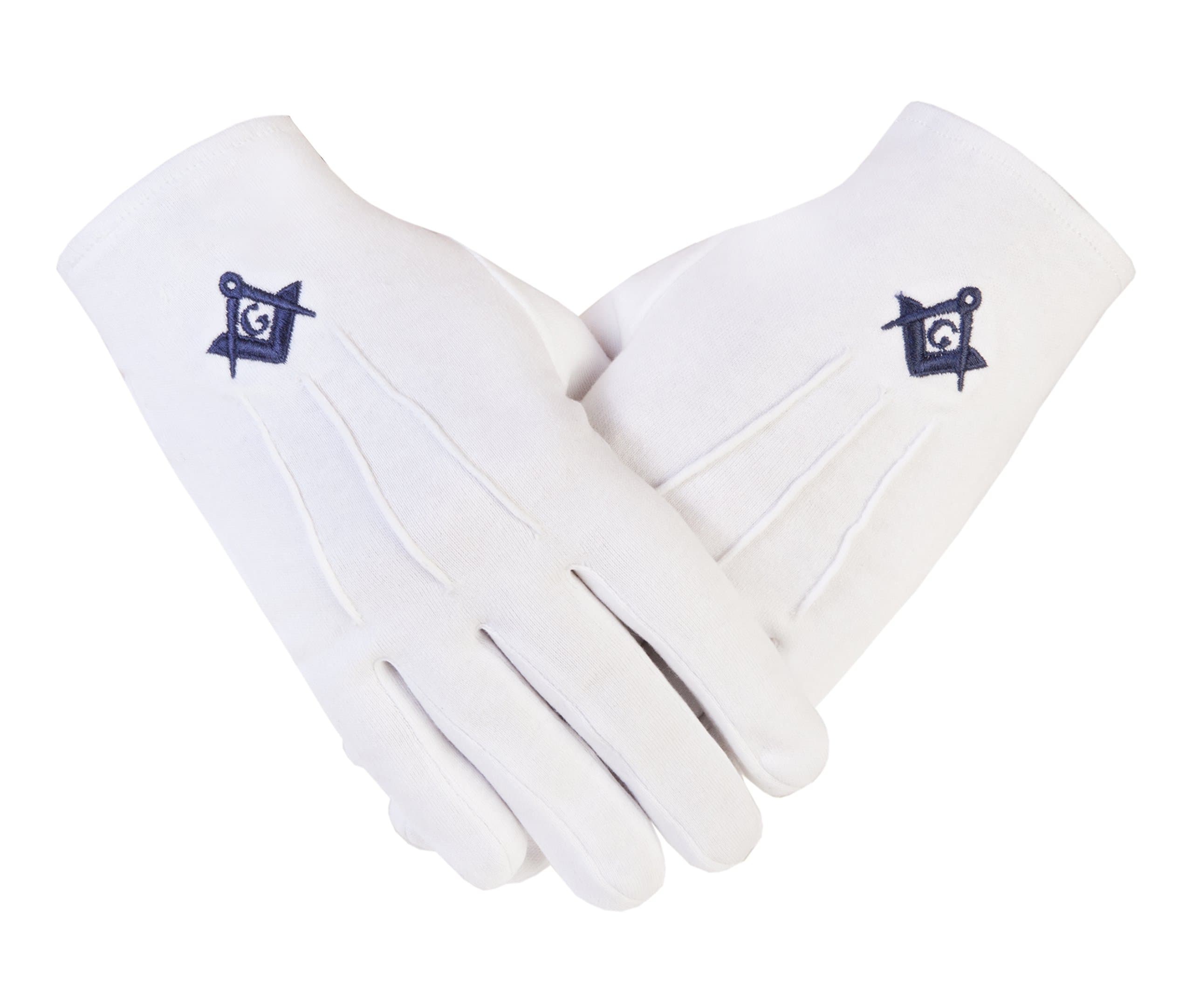 Masonic Freemasons Cotton Gloves Embroidered in Navy Blue Square and Compass with G PCI. (X-Large)