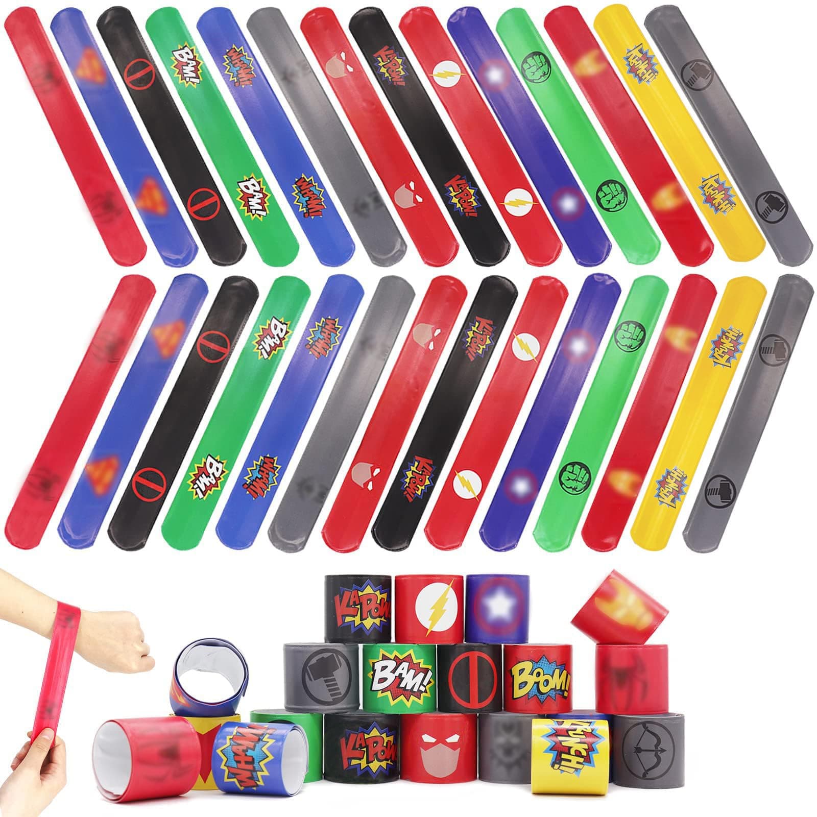 48 PCS Slap Bands for Kids Bag Fillers, Wristbands Fun Boys and Girls Snap Bands Bulk Vinyl Rolls for Birthday Gift Goodie Bag Flavors School Classroom Little Toys (Superheroes)