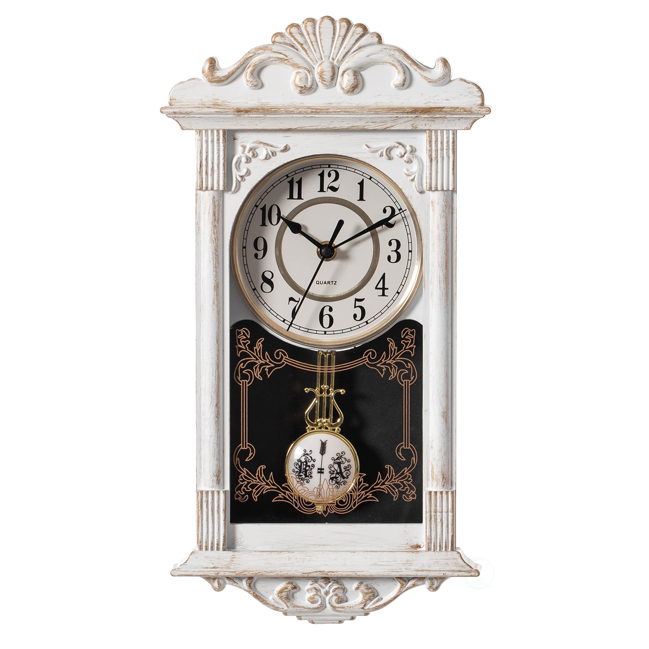 Clockswise Quickway Imports Vintage Grandfather Wood- Looking Plastic Pendulum Wall Clock for Living Room, Kitchen, or Dining Room, White