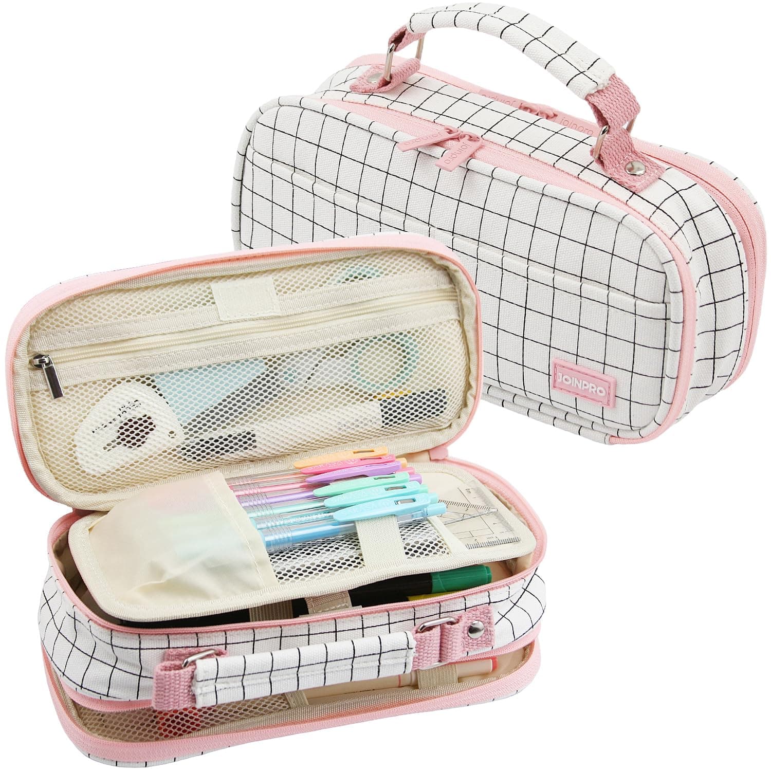 JOINPRO Pencil Case, Large Capacity Pencil Case Organizer; Double Zipper Storage Bag; Big Pencil Pouch for College School Office Teen Girl Boy Men Women Adult (Plaid White)